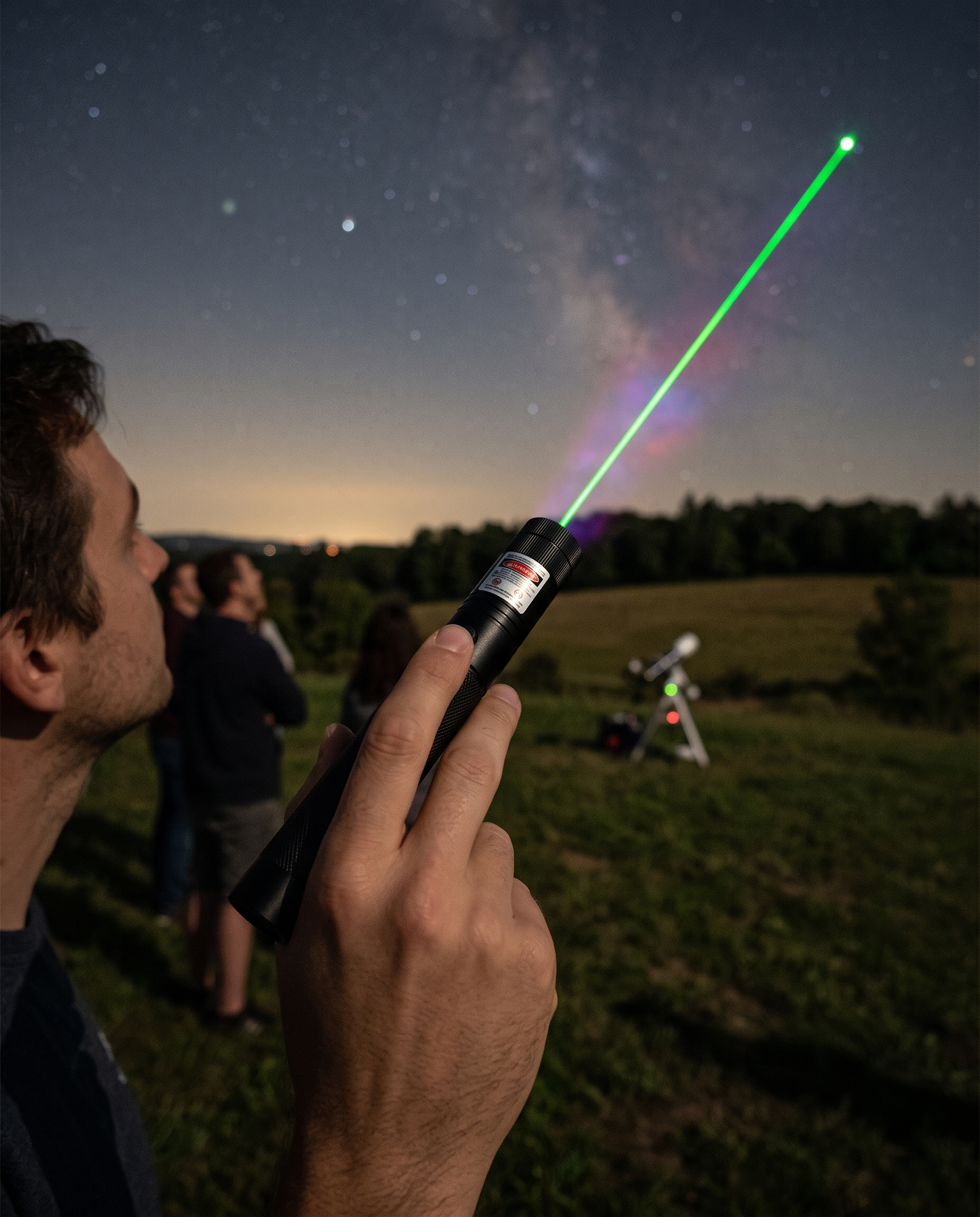 Wiederaufladbarer USB-C-Laserpointer mit 10.000 m Reichweite, grün, rot, violett, Aluminium, in Gebrauch