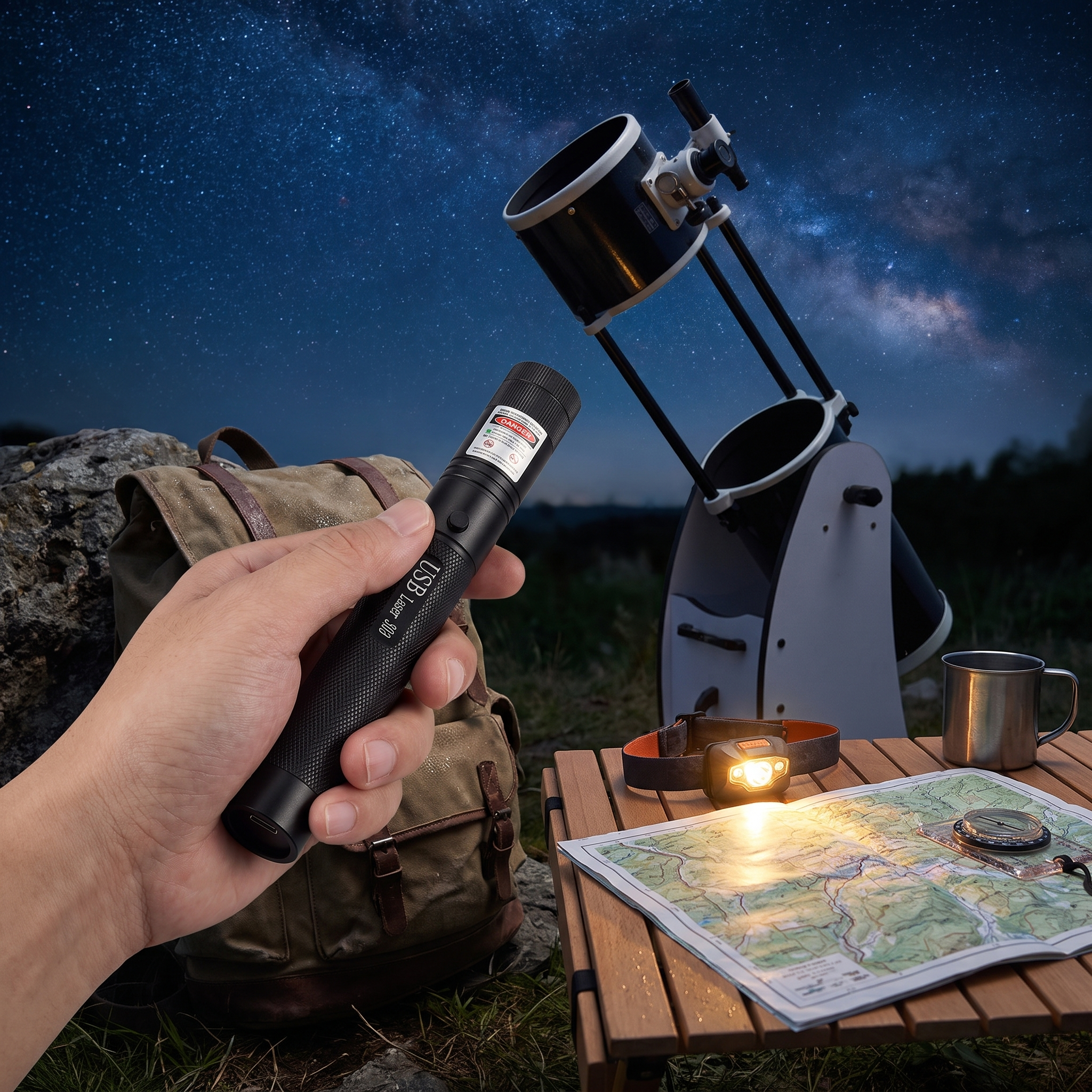 Wiederaufladbarer USB-C-Laserpointer mit 10.000 m Reichweite, grün, rot, violett, Aluminium, Lifestyle