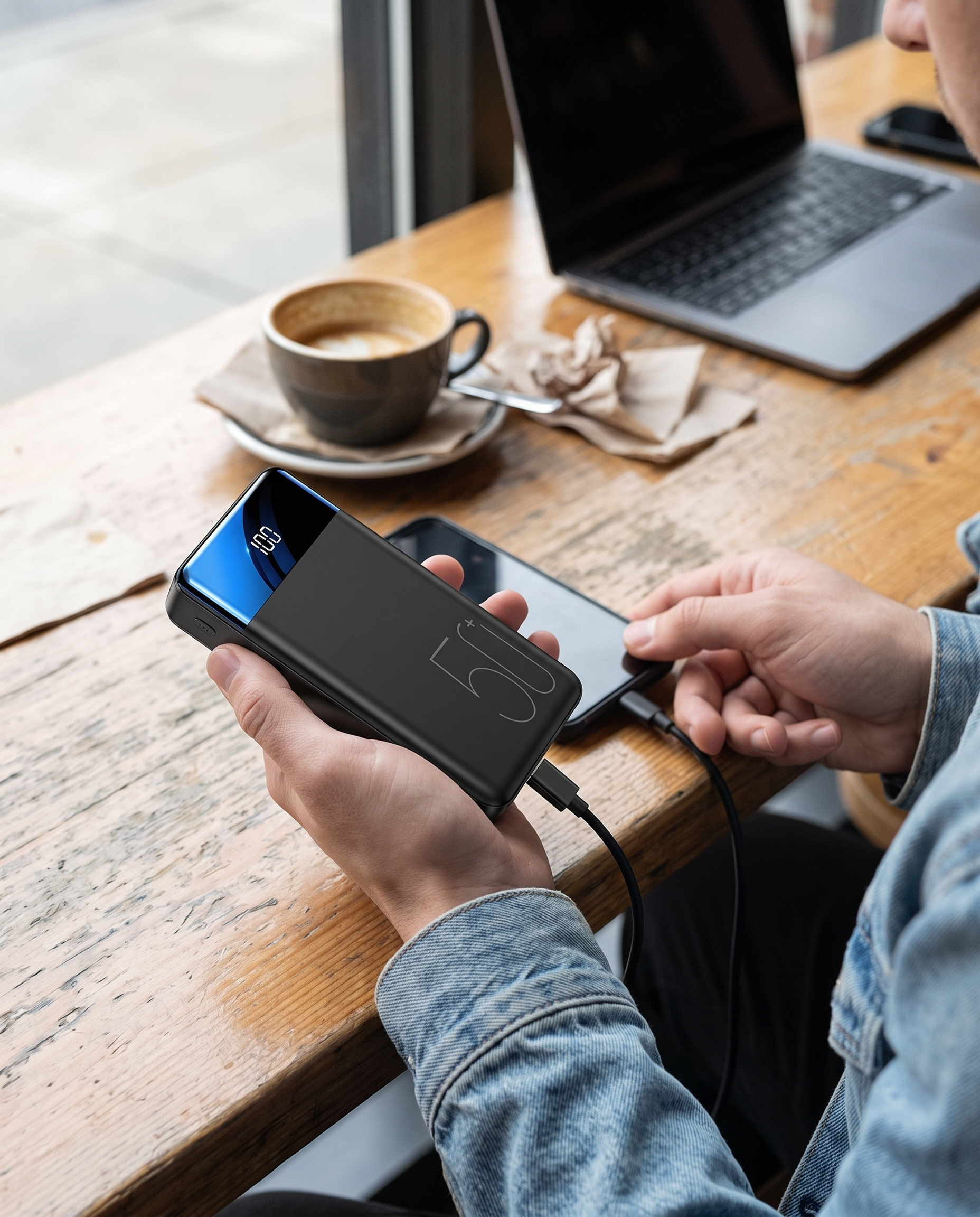 Powerbank 100000mAh Snelladen USB-C Laptop Smartphone Tablet in gebruik