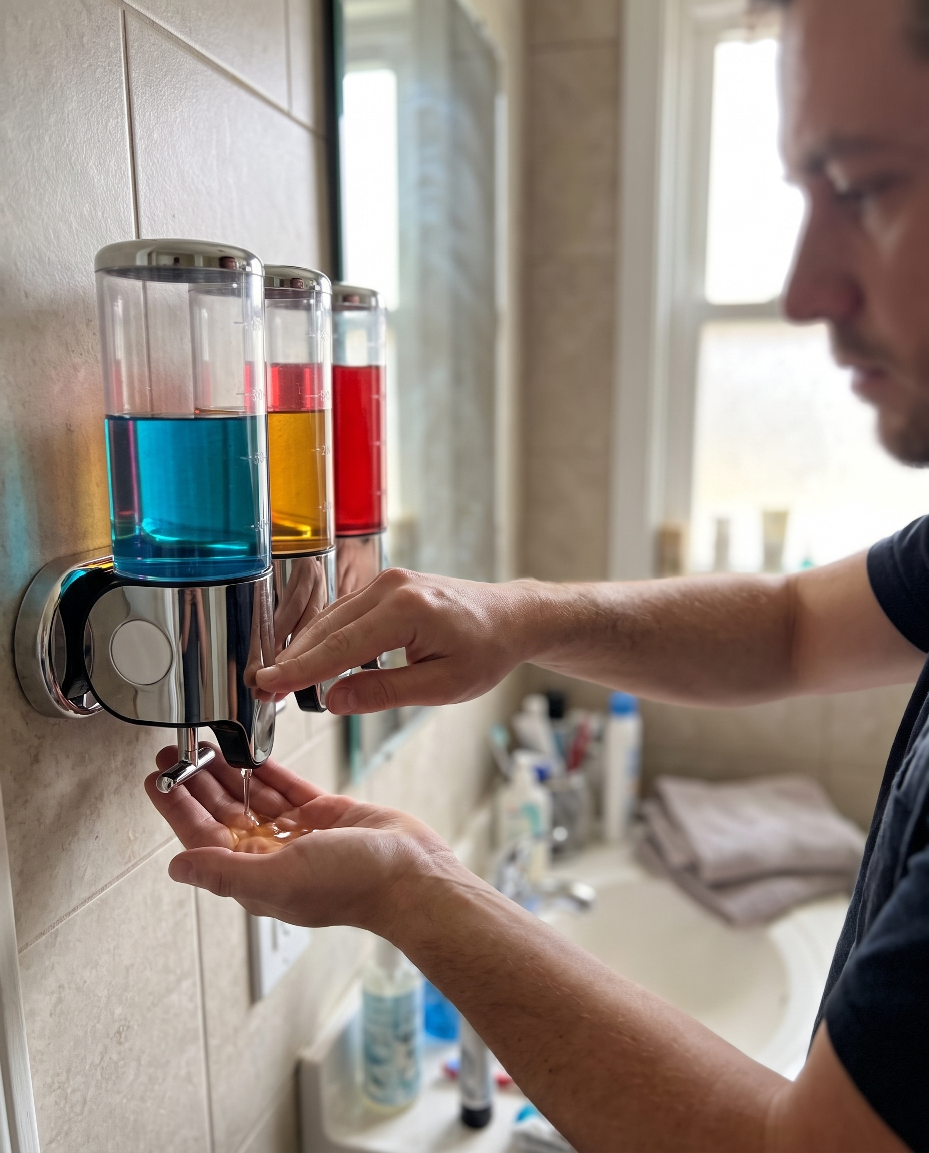 Wandseifenspender 500 ml zur Wandmontage aus Edelstahl und Chrom in Verwendung
