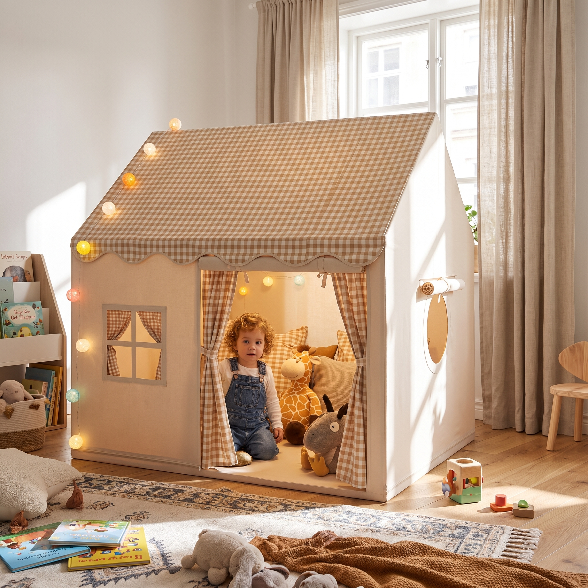 Kinder-Spielzelt für drinnen, Spielhaus 130x120x100 cm mit Vorhängen und Fenstern | Sansoti Lifestyle