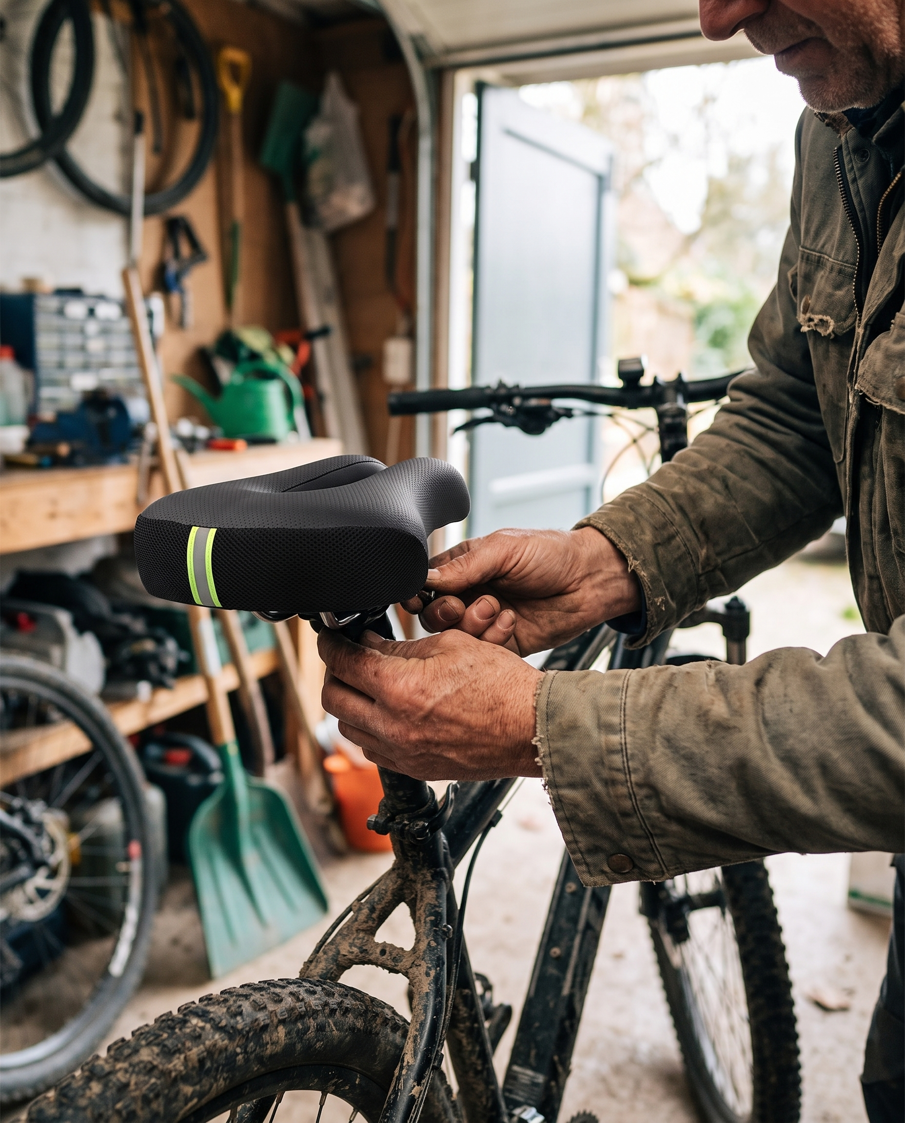 Nose-Free Bicycle Saddle for Mountain Bike, Thick Padding, Black | Sansoti in use