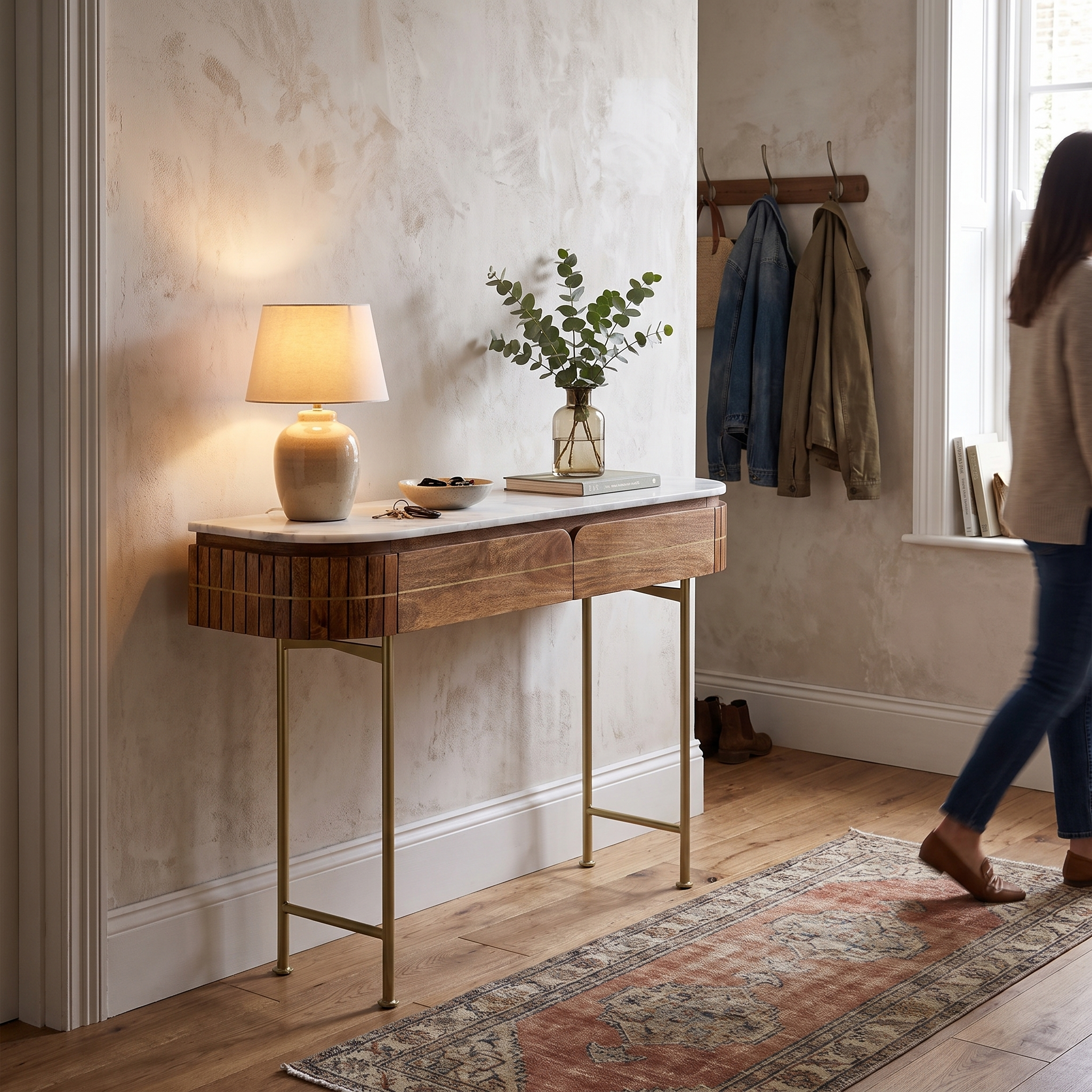 Luxury oval wooden console table with marble top lifestyle