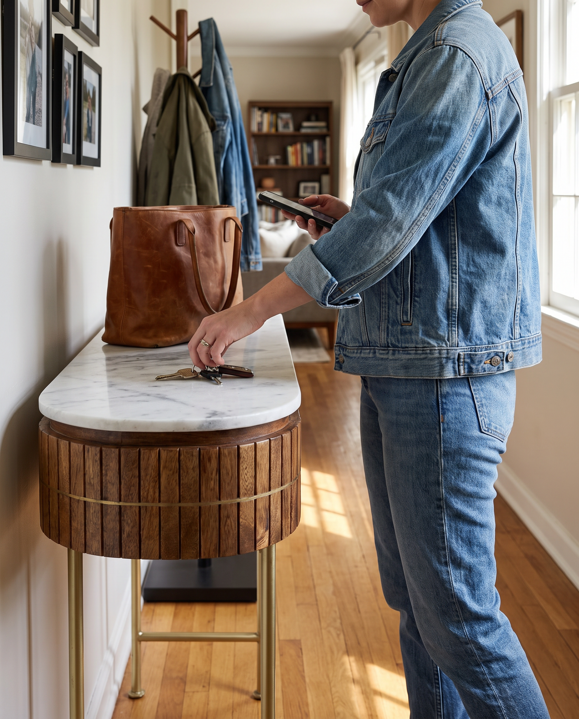 Luxury oval wooden console table with marble top in use