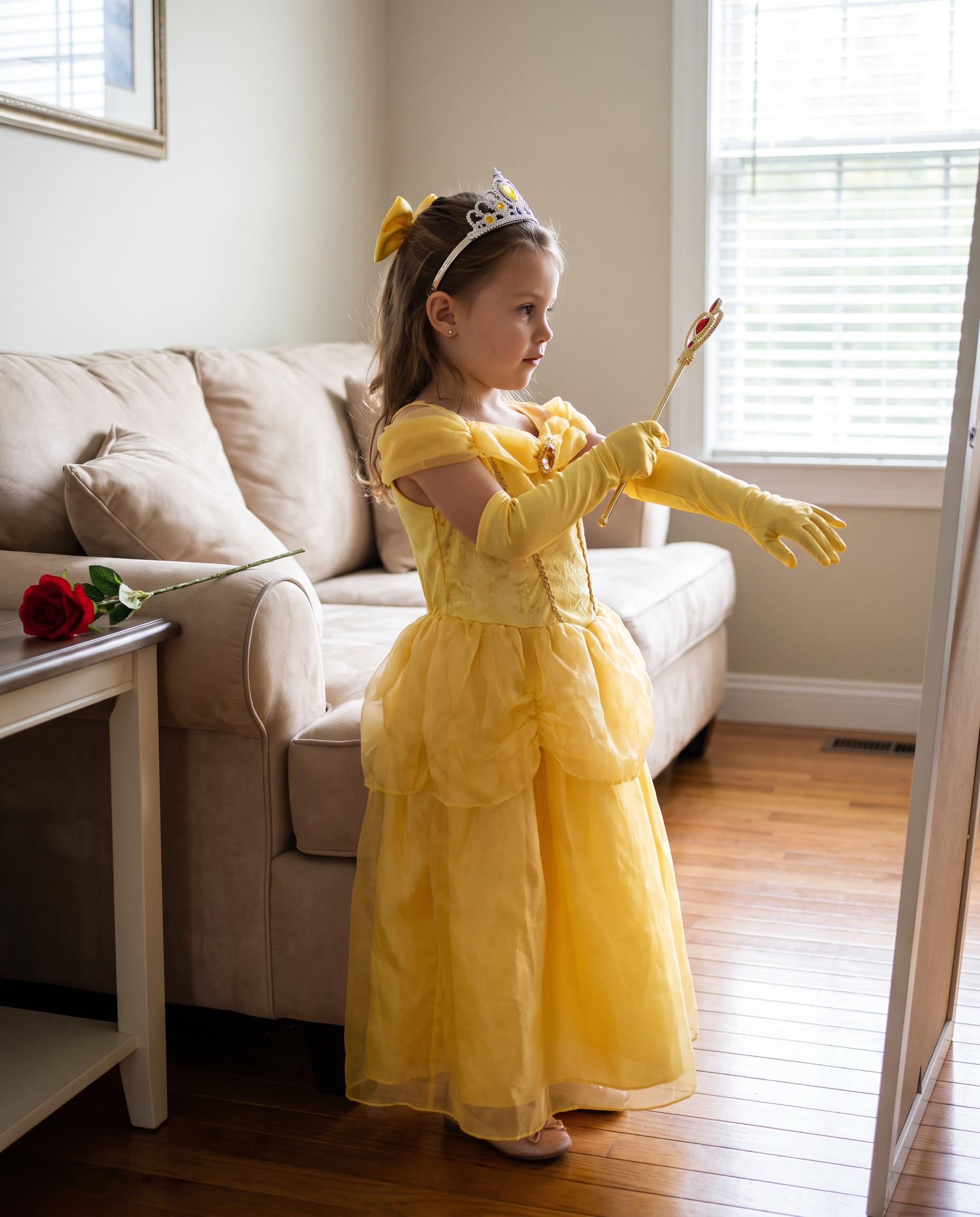 Girls Princess Gown Costume with Tiara and Gloves in use