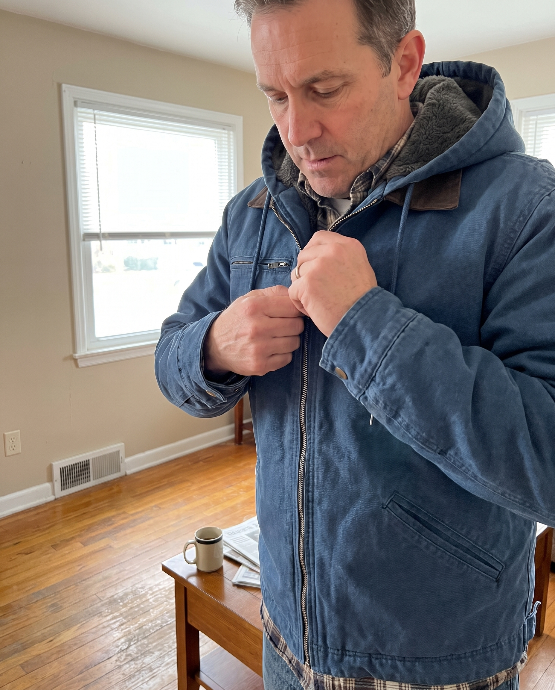 Men's Zip-Up Outerwear Coat with Tailored Fit in use