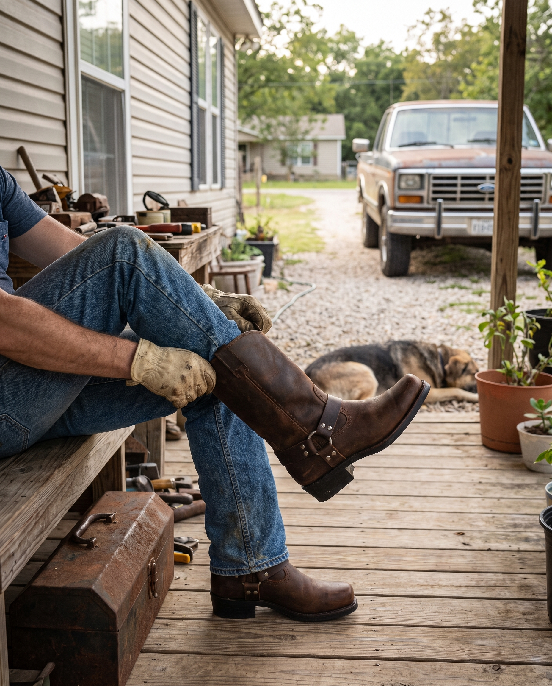 Men's Western Harness Boots Vintage Cowboy Style in use