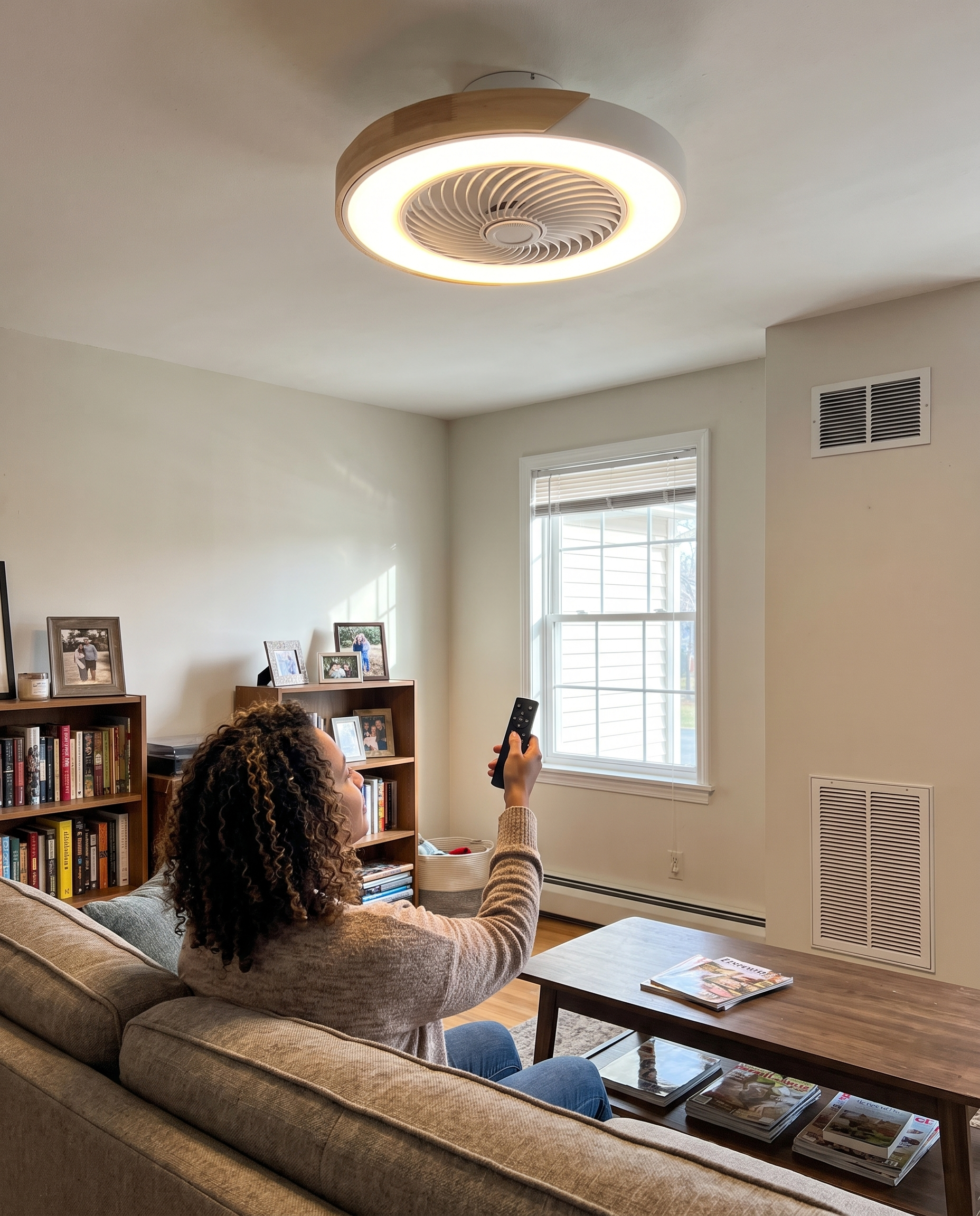 Low-Profile Wood-Rim Flush Mount Fan with LED Light in use