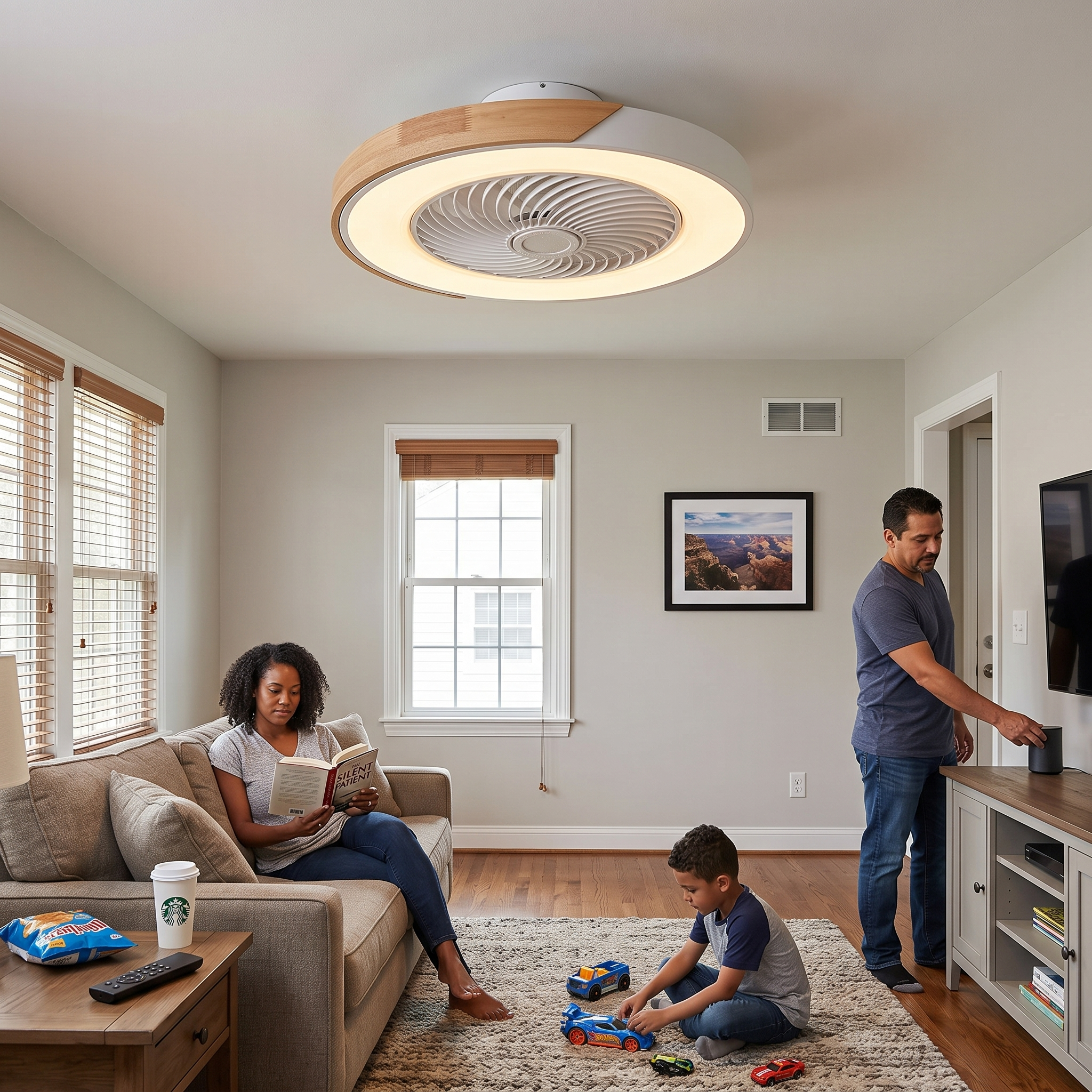 Low-Profile Wood-Rim Flush Mount Fan with LED Light lifestyle