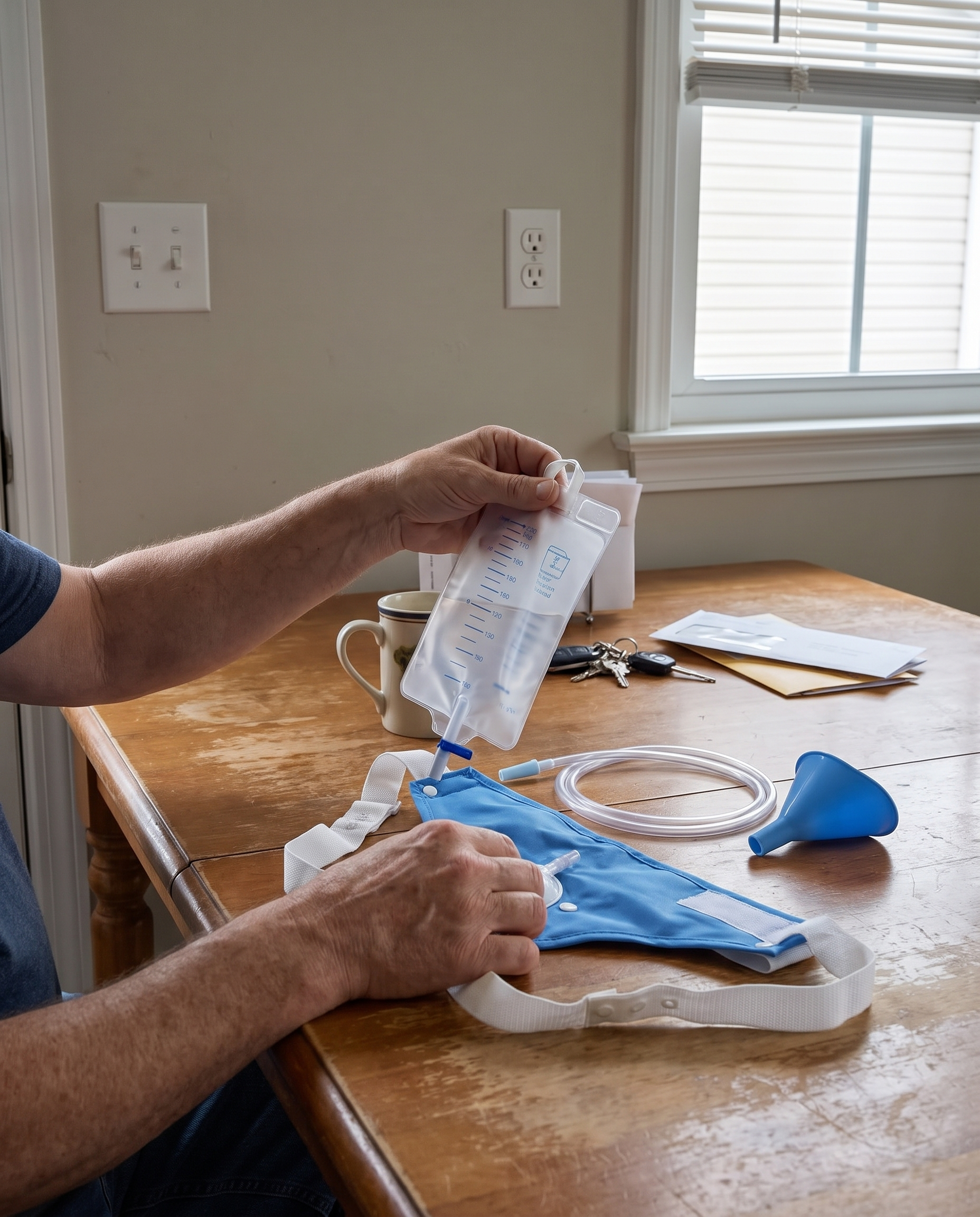 Portable Reusable Urinary Catheter Bag System in use
