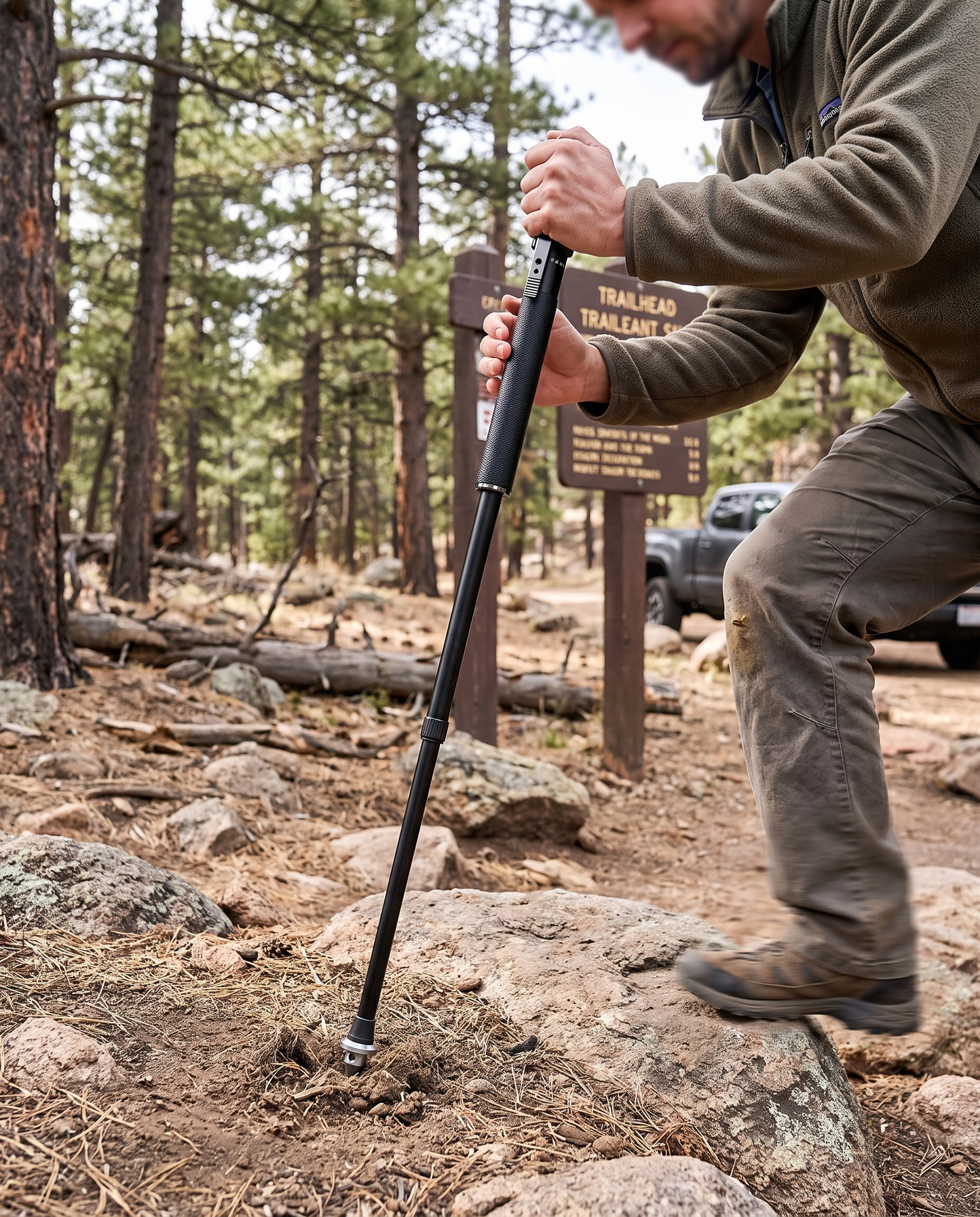 Telescoping Walking Stick with Push-Button Deploy in use