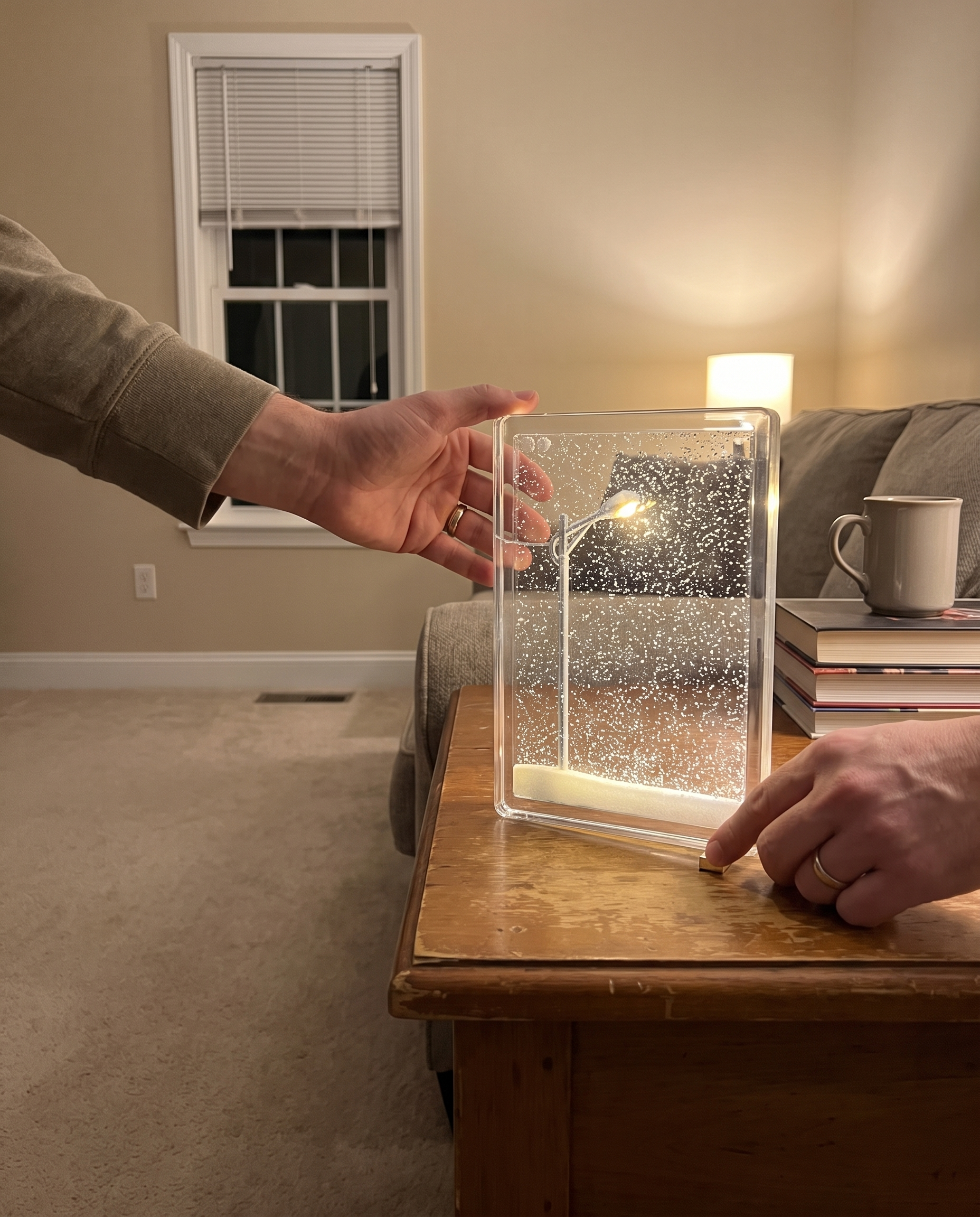 Snowfall Lantern Light with Swirling Glitter Effect in use