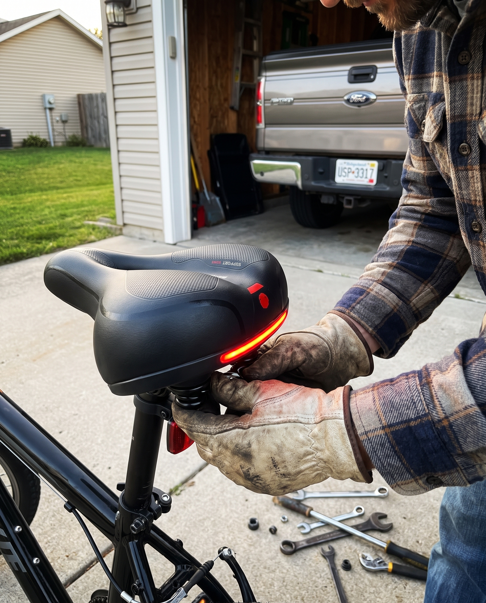 Cushioned Bicycle Seat with Built-In Suspension & Reflector in use