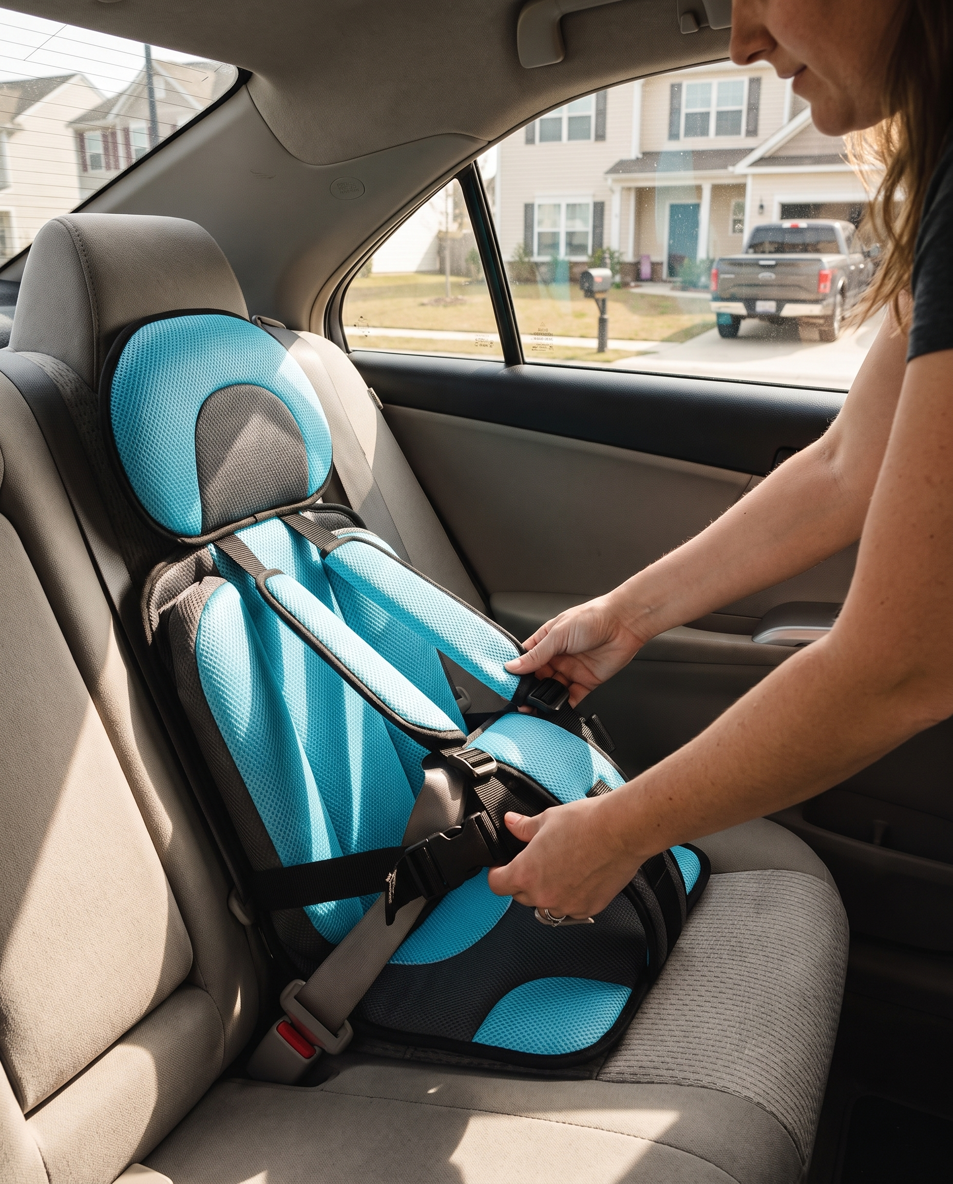 Collapsible Travel Booster Seat with 5-Point Harness for Kids 1-14 Years in use