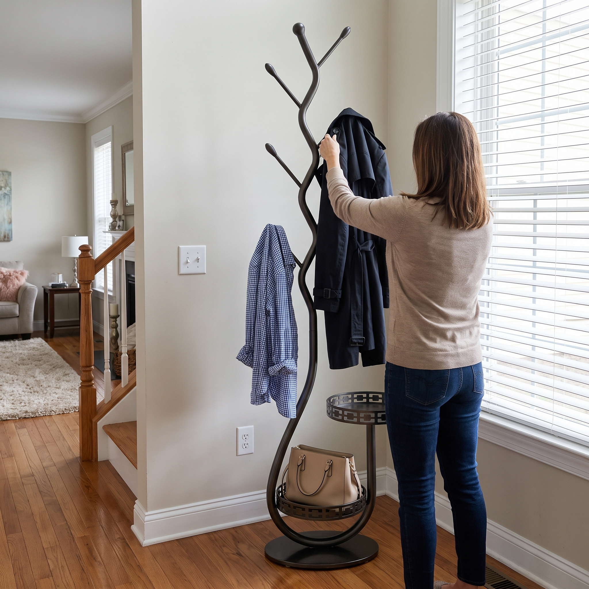 Freestanding Hall Tree Coat Rack with Multiple Hooks, Black Metal Branch Style Entryway Organizer lifestyle