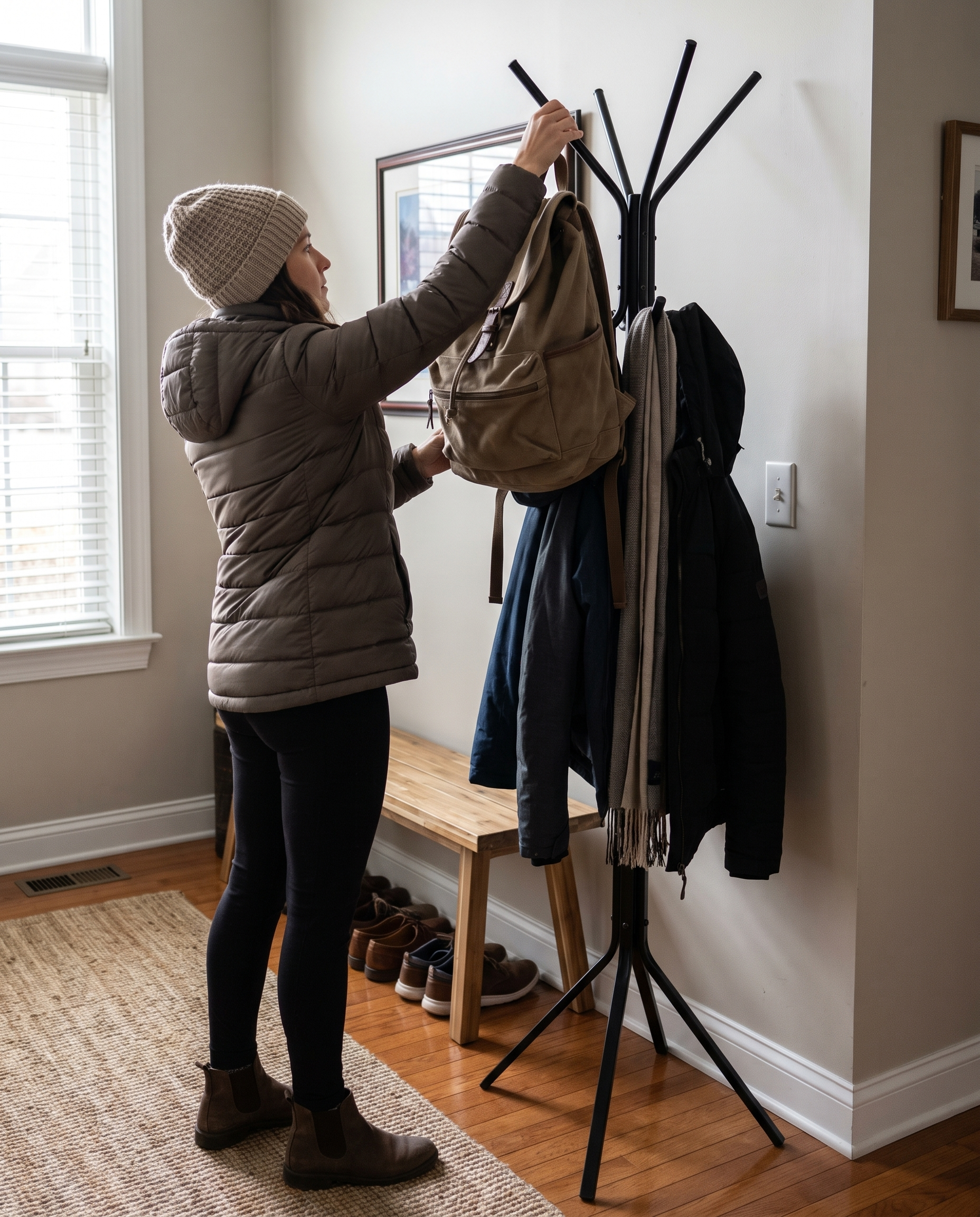 Freestanding Hall Tree Coat Rack with Multiple Hooks, Black Metal Branch Style Entryway Organizer in use