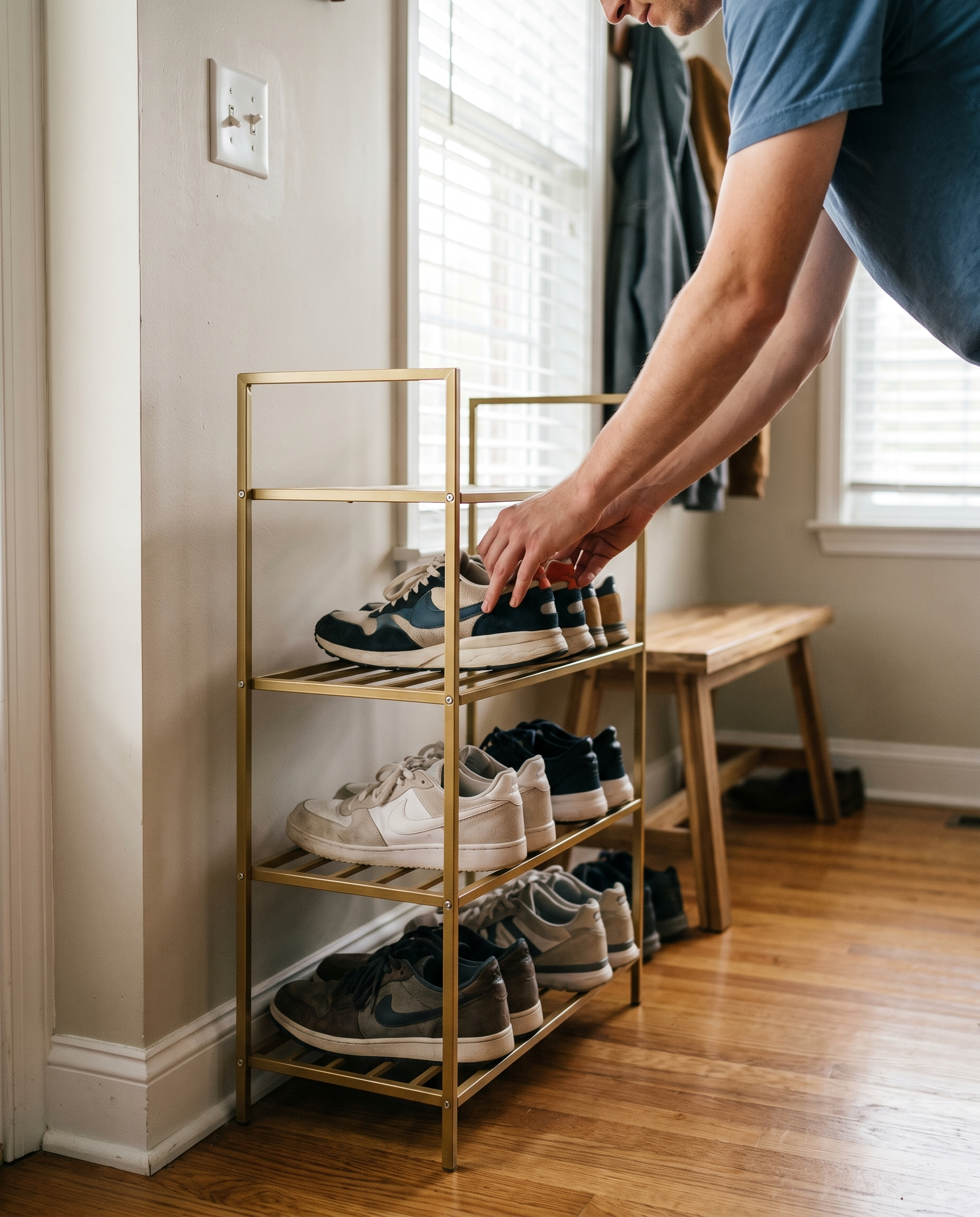 Metal Shoe Rack Tower Vertical Round Organizer for Entryway & Closet in use