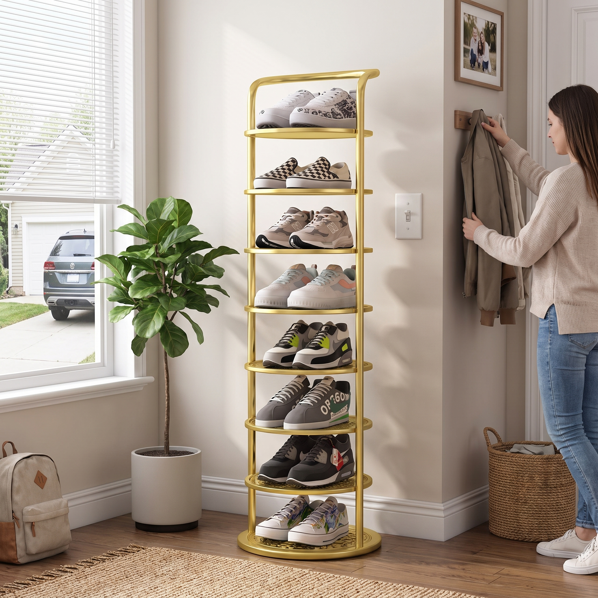 Metal Shoe Rack Tower Vertical Round Organizer for Entryway & Closet lifestyle