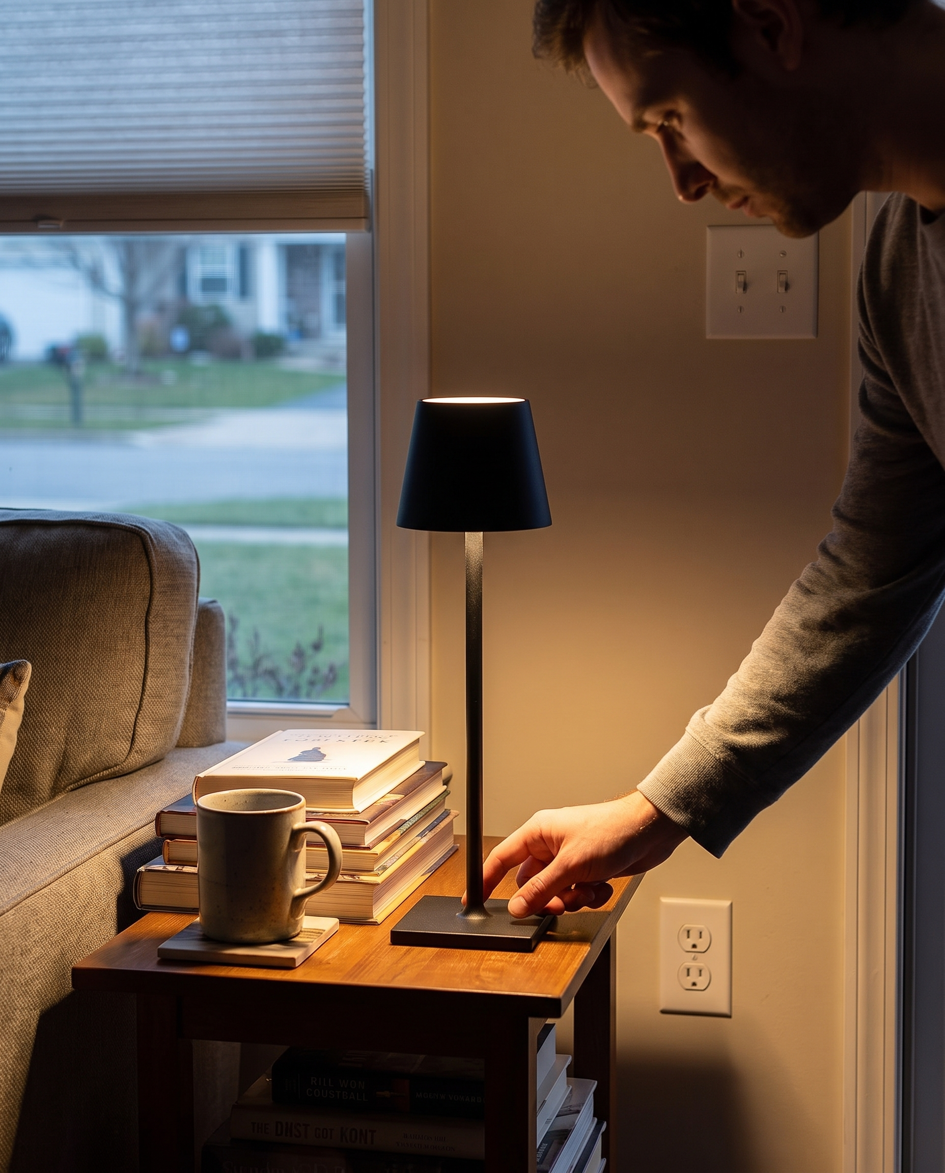 Portable Rechargeable LED Table Lamp with Dimming Control in use