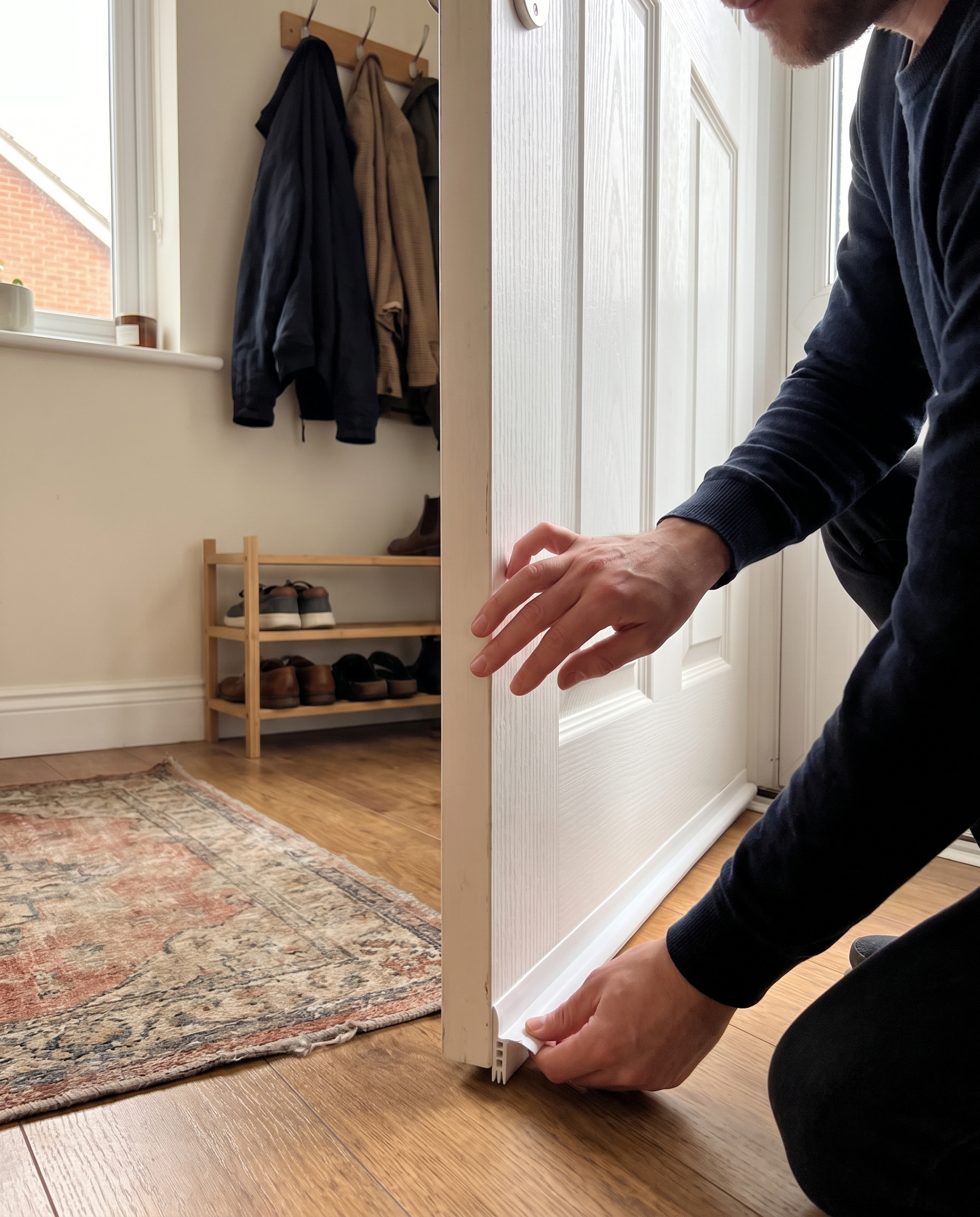 Silicone Door Draught Excluder 99cm White Self-Adhesive Sound Insulation Door Seal Draught Stopper in use