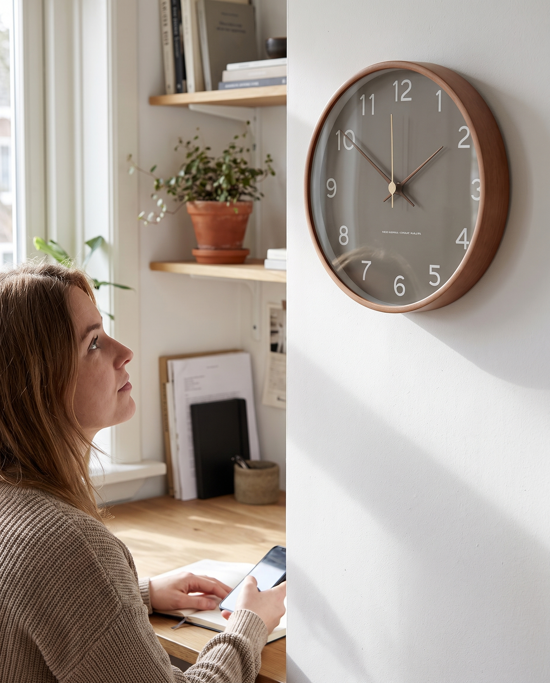 Horloge murale ronde en bois 25 cm gris blanc mouvement silencieux style scandinave en situation