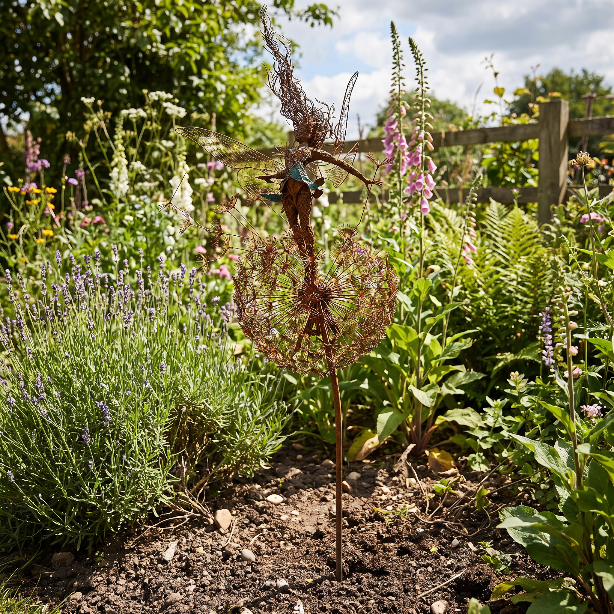 Metalen Tuinsteker Fee met Paardenbloem 75cm lifestyle