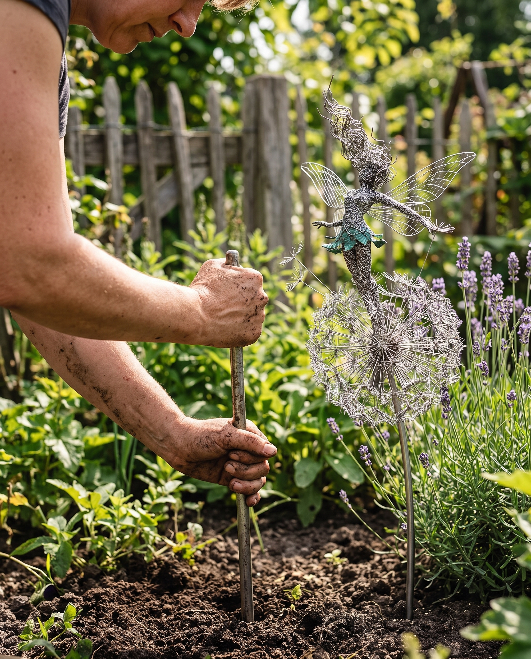 Metalen Tuinsteker Fee met Paardenbloem 75cm in gebruik
