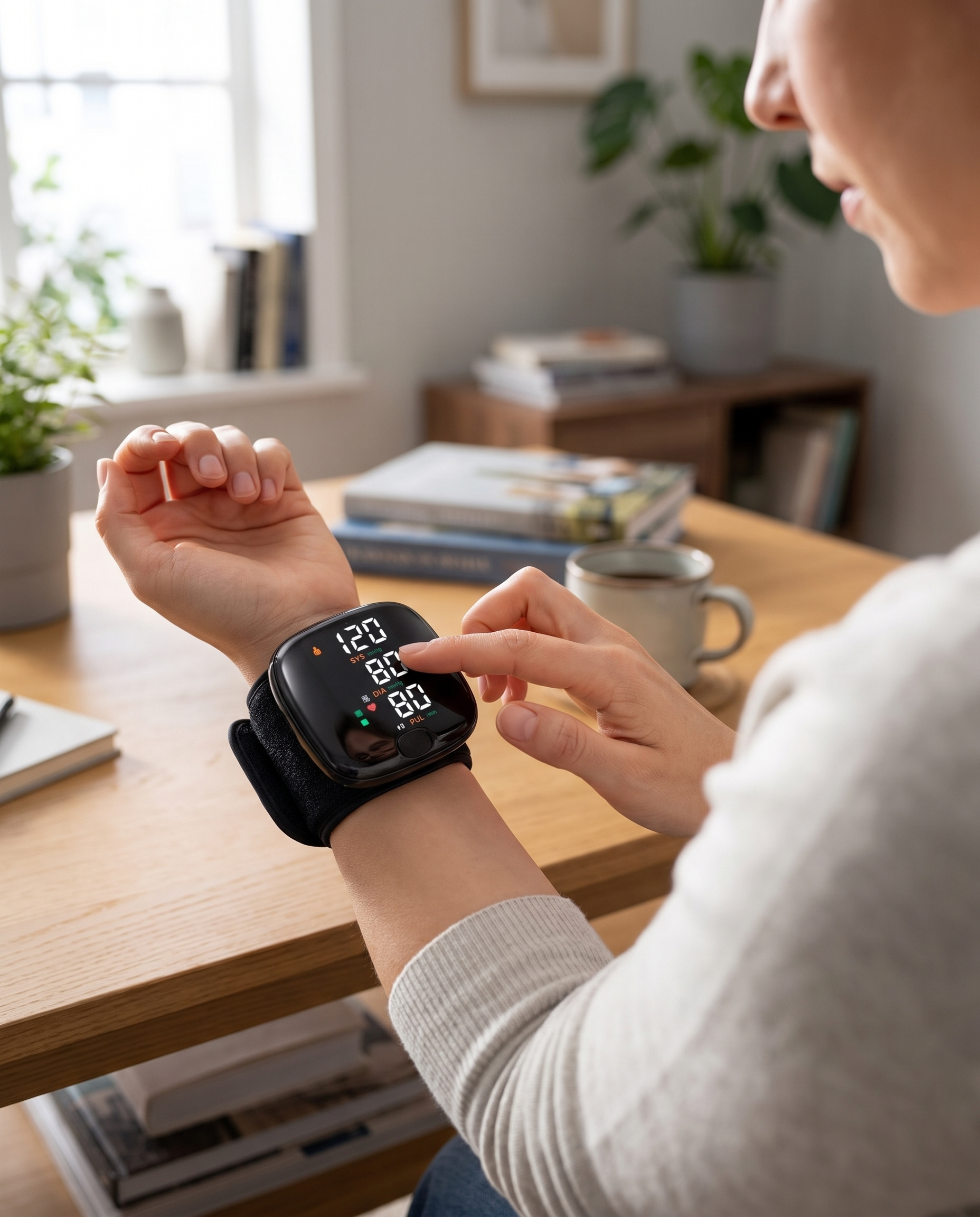 Tensiomètre numérique au poignet avec écran tactile et fonction vocale en cours d’utilisation