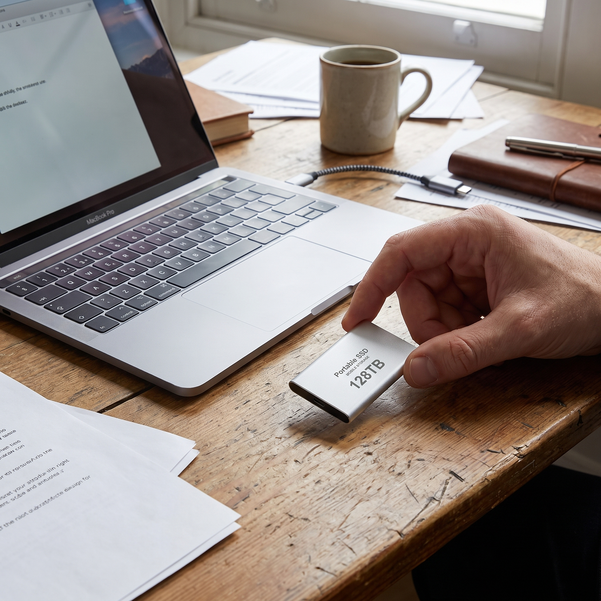 128TB portable SSD drive compact external storage solution lifestyle