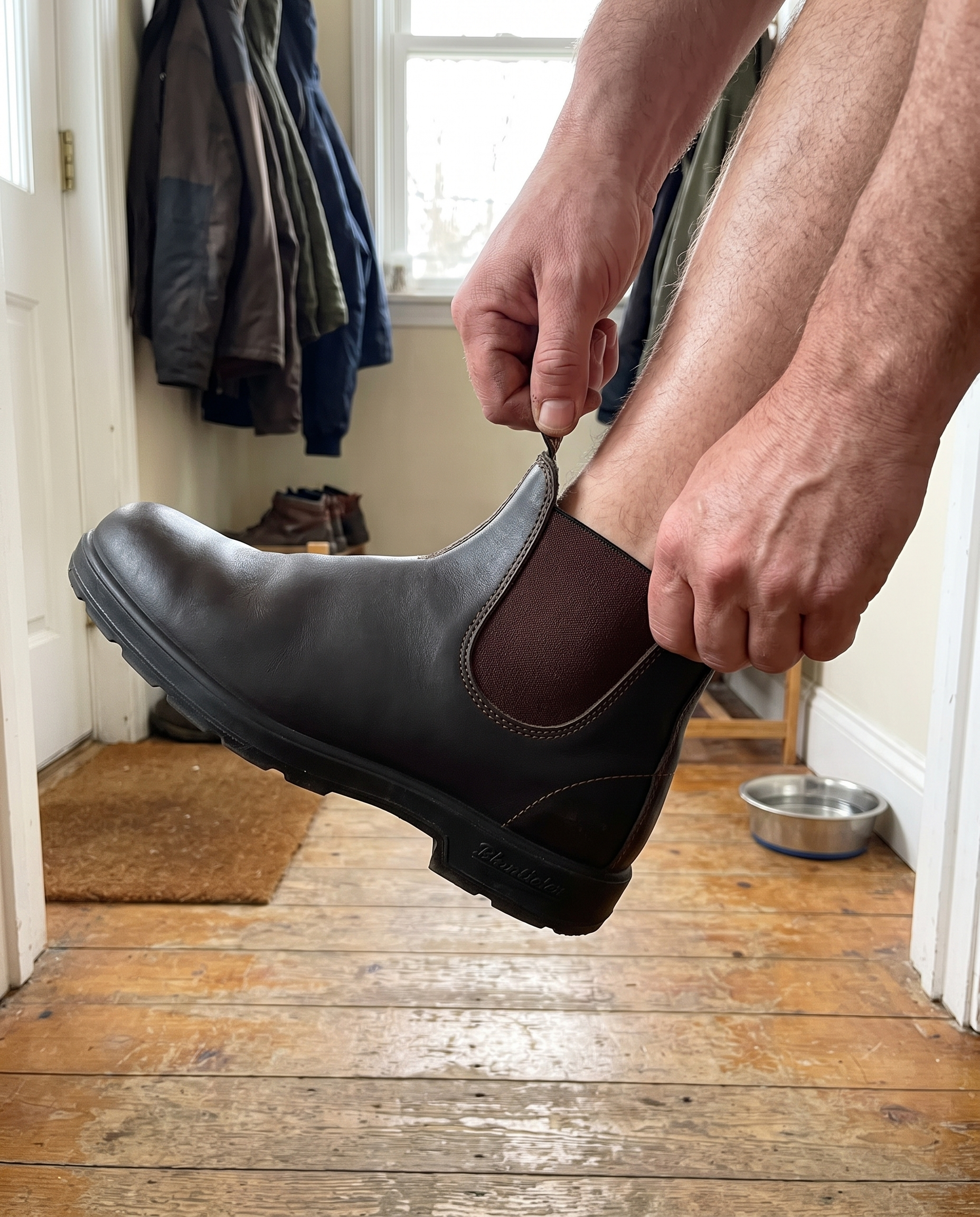 Waterproof Chelsea Ankle Boots Slip-On Model Black Men's Shoes in use