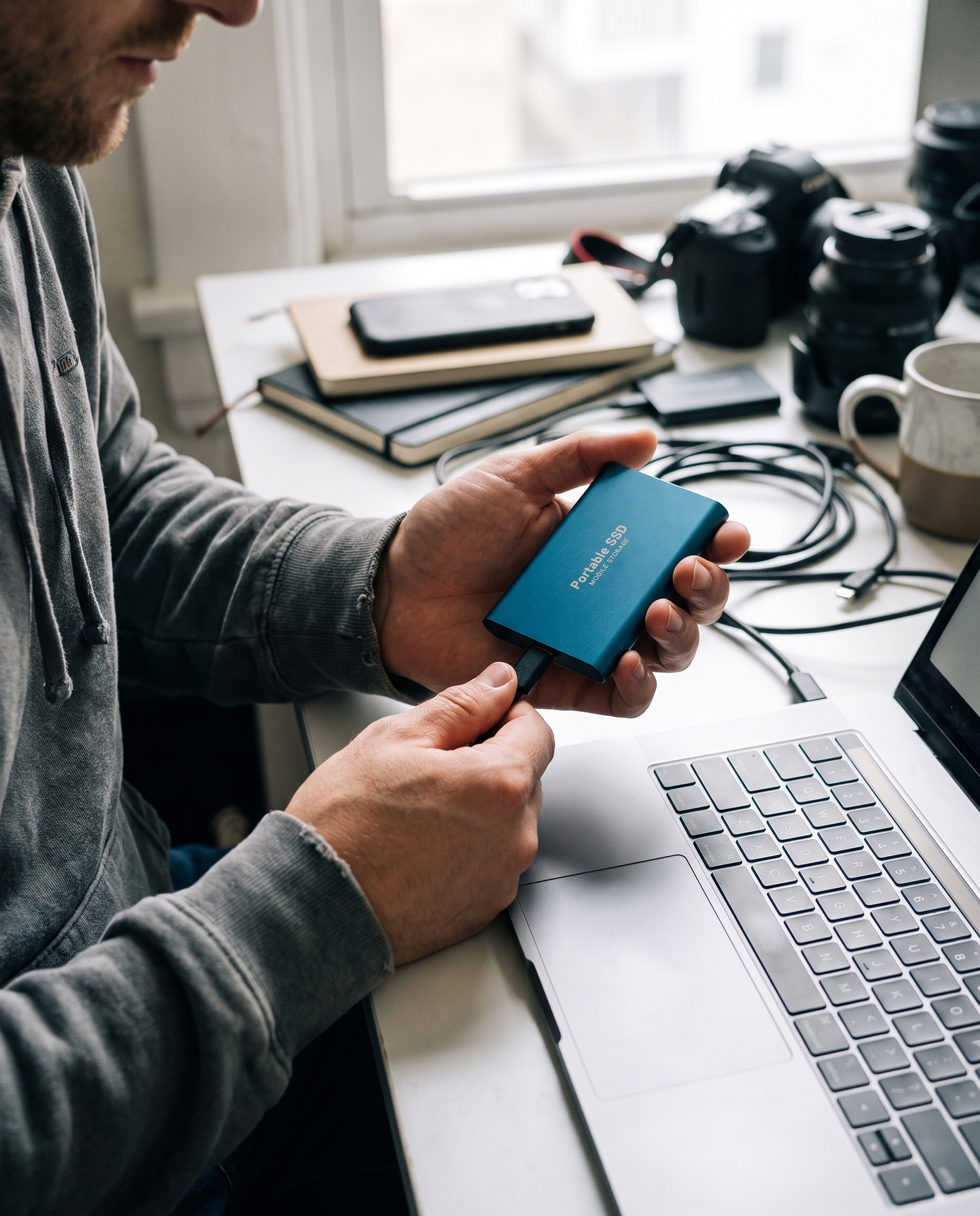 Compact External SSD Hard Drive with Aluminum Casing in Use