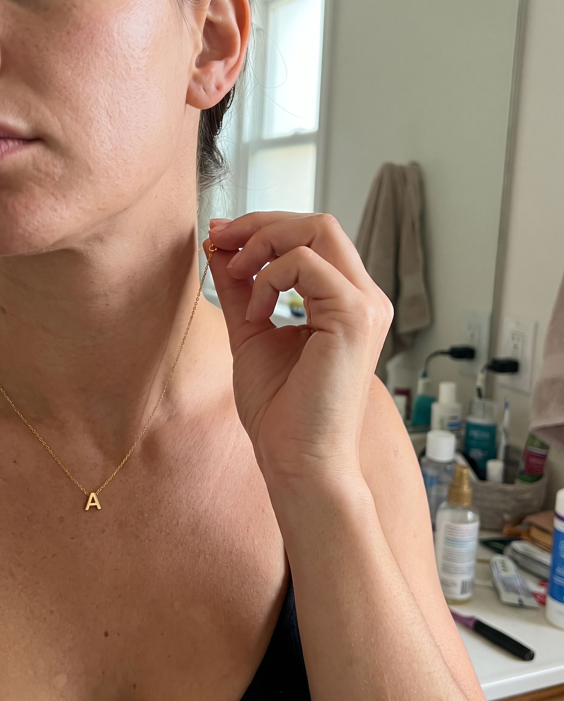 Minimalist Initial Letter Stainless Steel Necklace in use