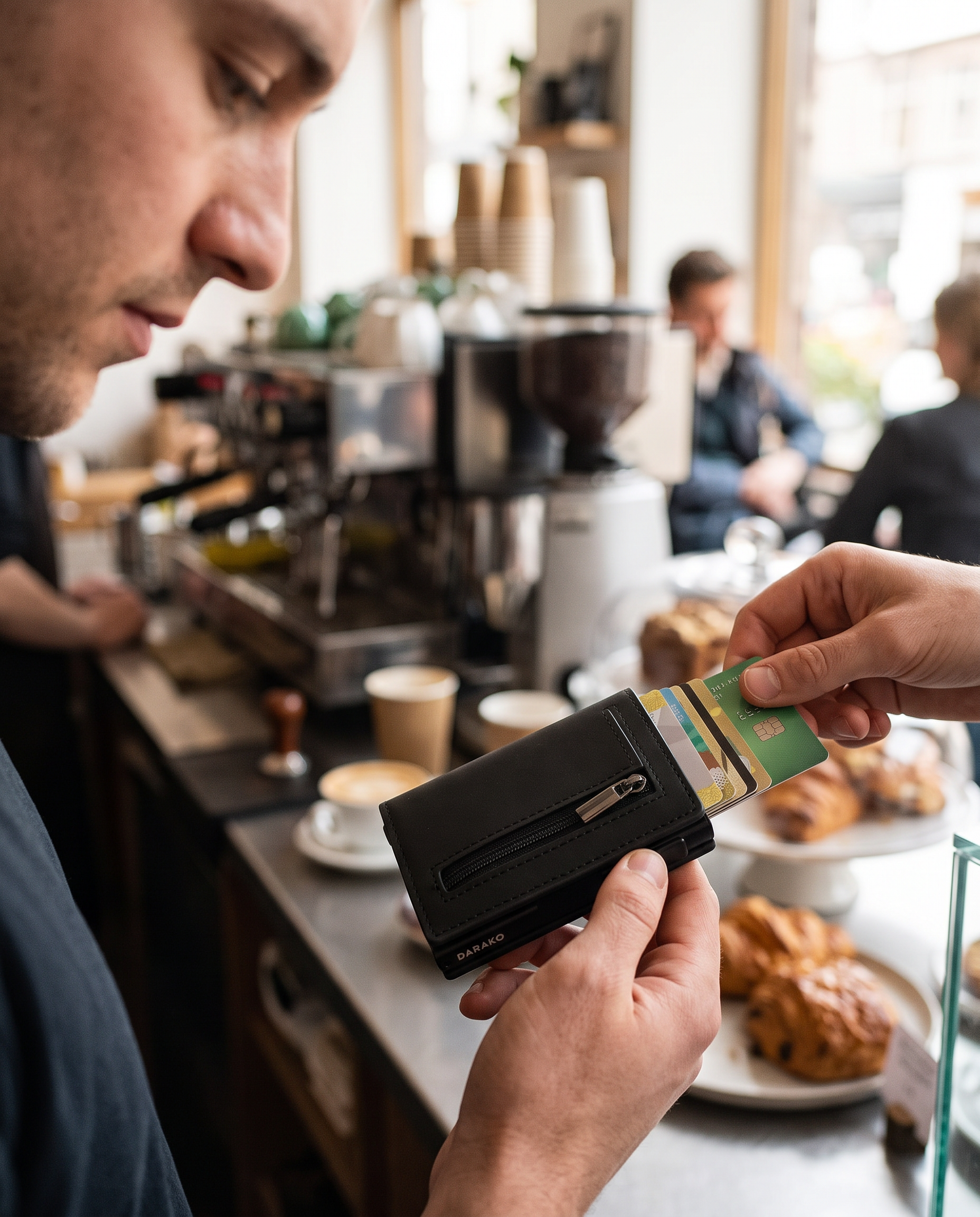 Kompakte Geldbörse mit RFID-Schutz aus echtem Leder und Aluminium im Gebrauch