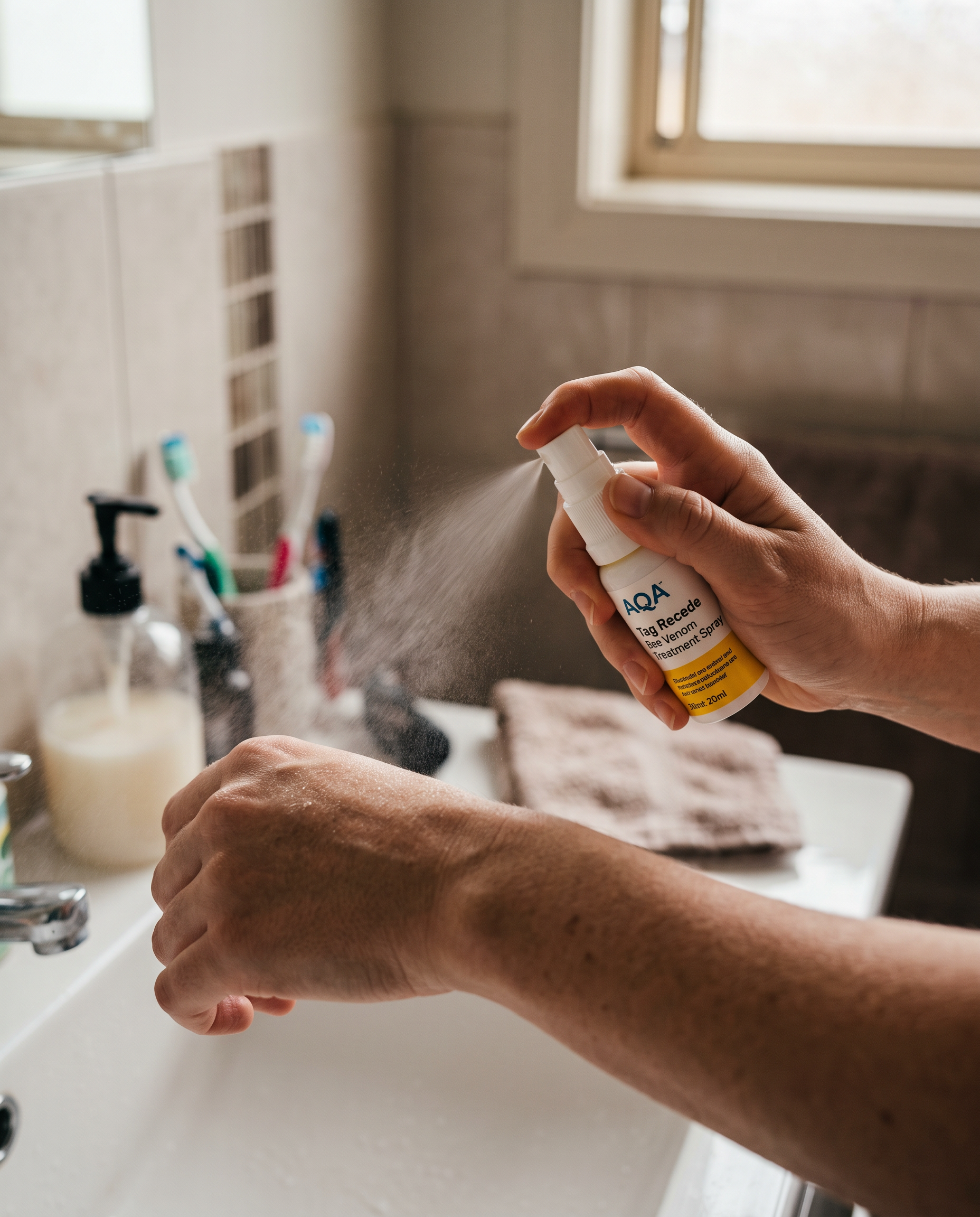 Huidspray met Bijengif in gebruik