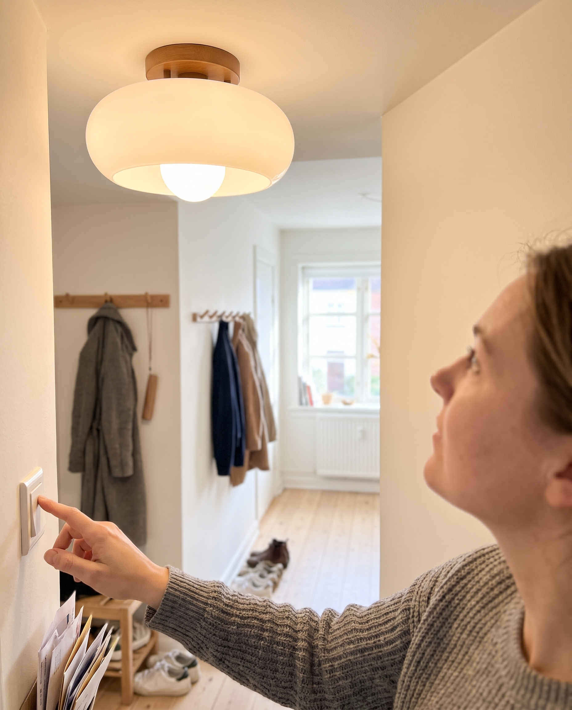 Bauhaus Plafondlamp Rond met Opaal Glas en Houtdetail in gebruik
