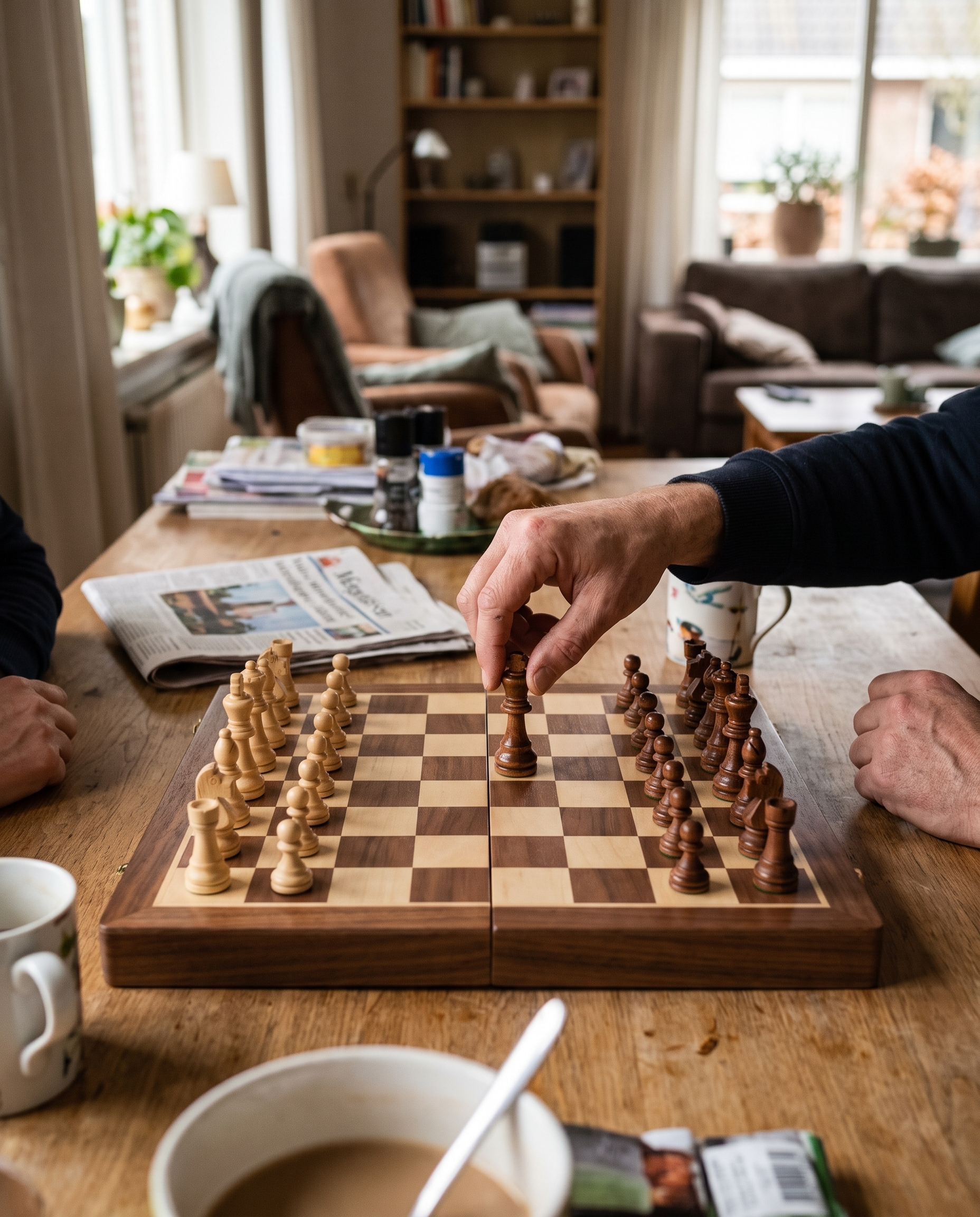 Solid Wood Foldable Classic Strategy Chess Set in use