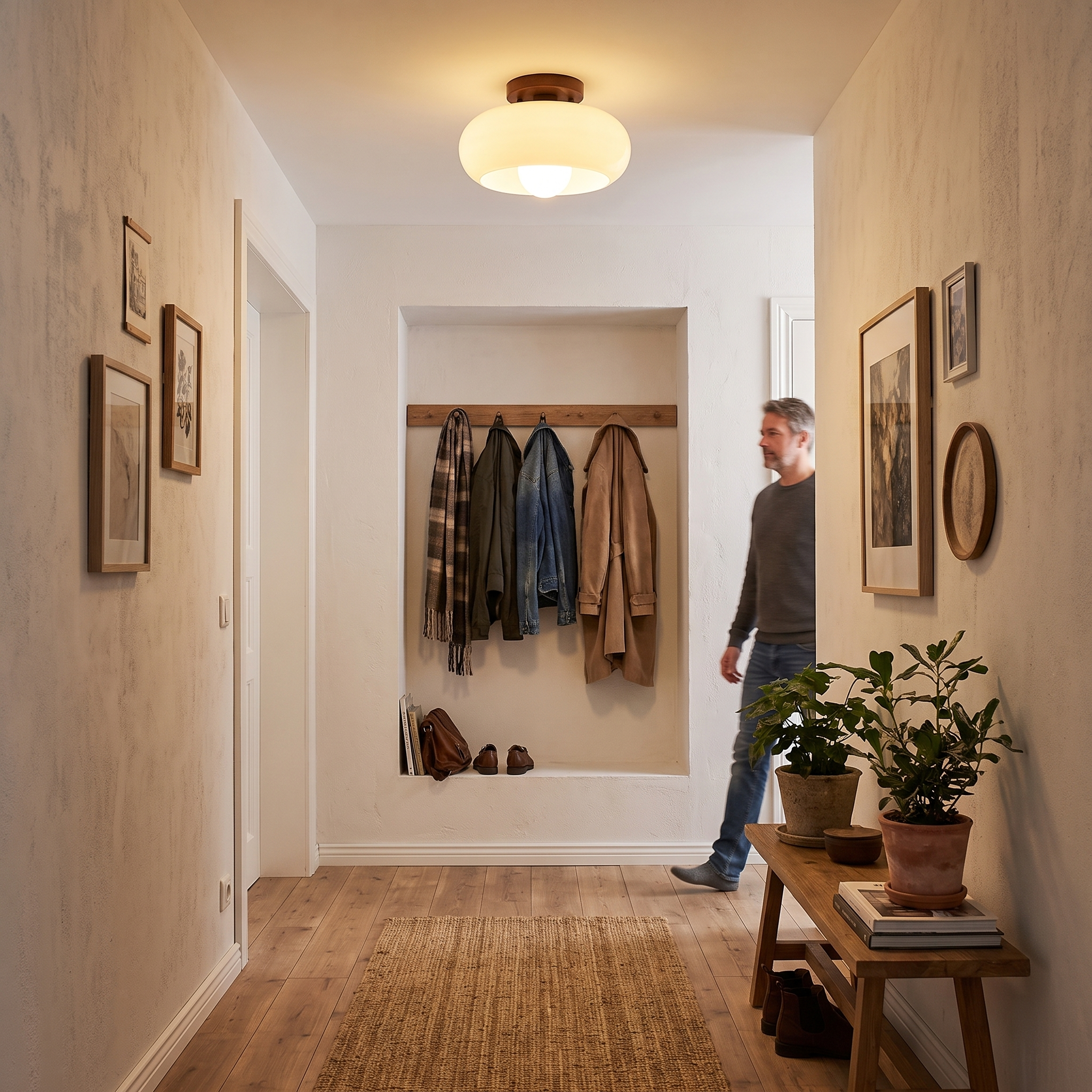 Bauhaus Plafondlamp Rond met Opaal Glas en Houtdetail lifestyle