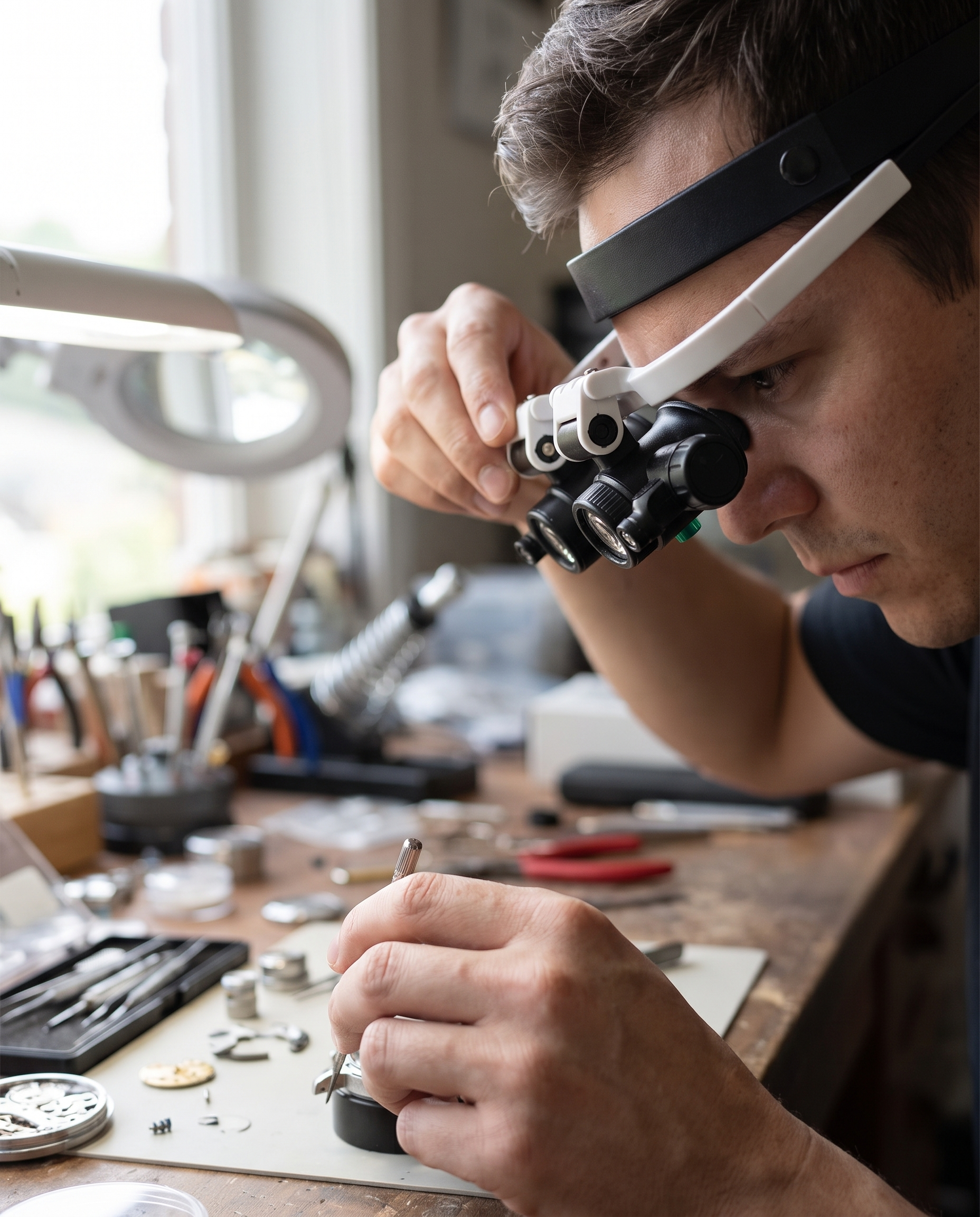 Professional Magnifying Glasses with LED Lighting and 3 Magnification Settings for Precision Tasks | Sansoti in use