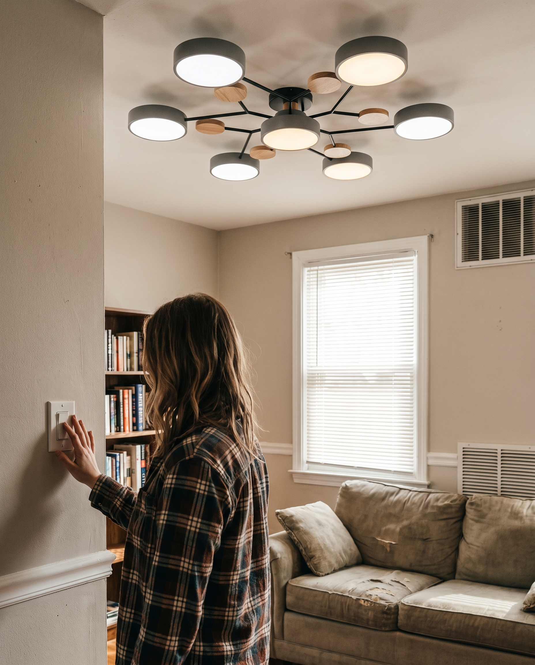 Scandinavian Ceiling Light Fixture 35 in Dimmable LED Flush Mount Wood Iron Acrylic in use
