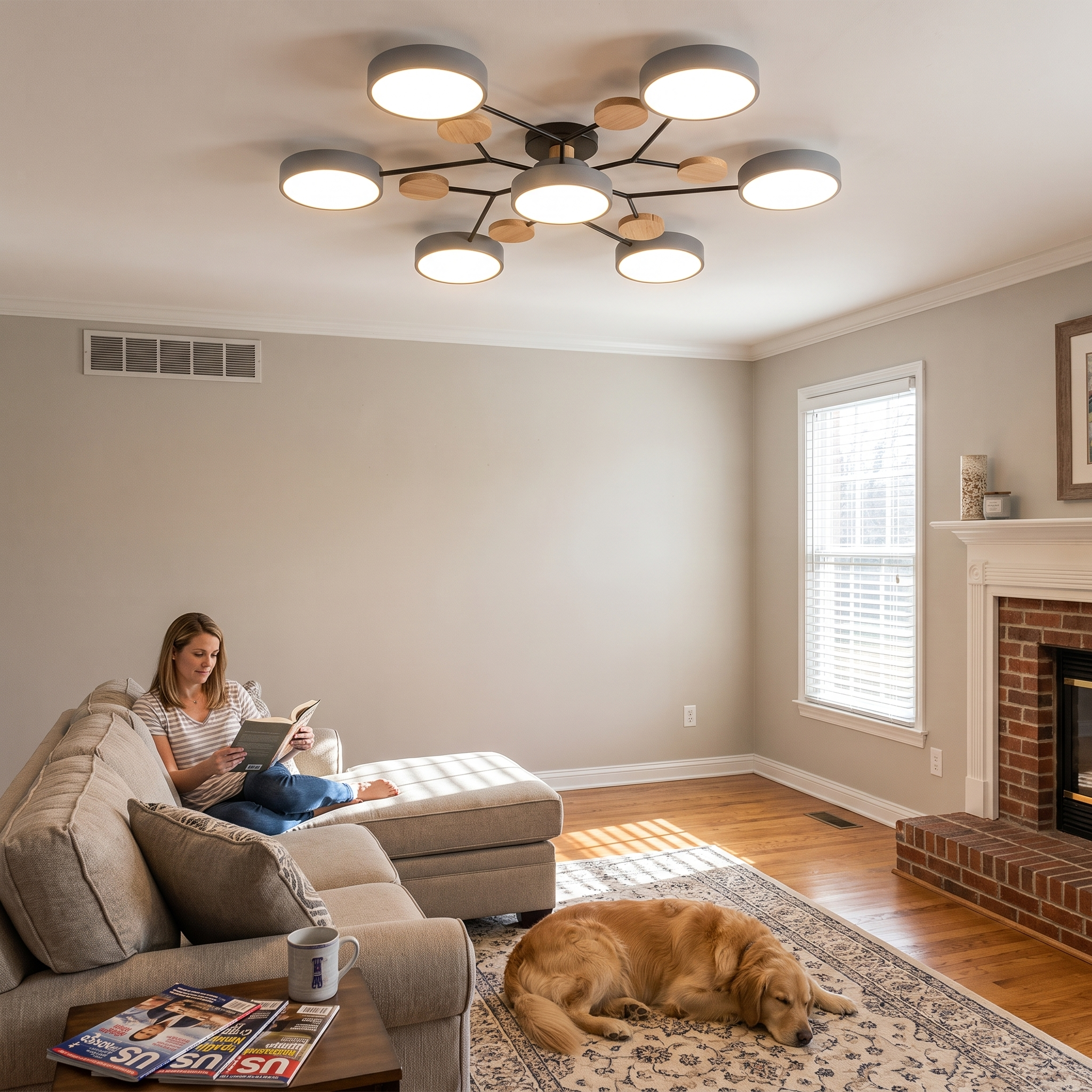 Scandinavian Ceiling Light Fixture 35 in Dimmable LED Flush Mount Wood Iron Acrylic lifestyle