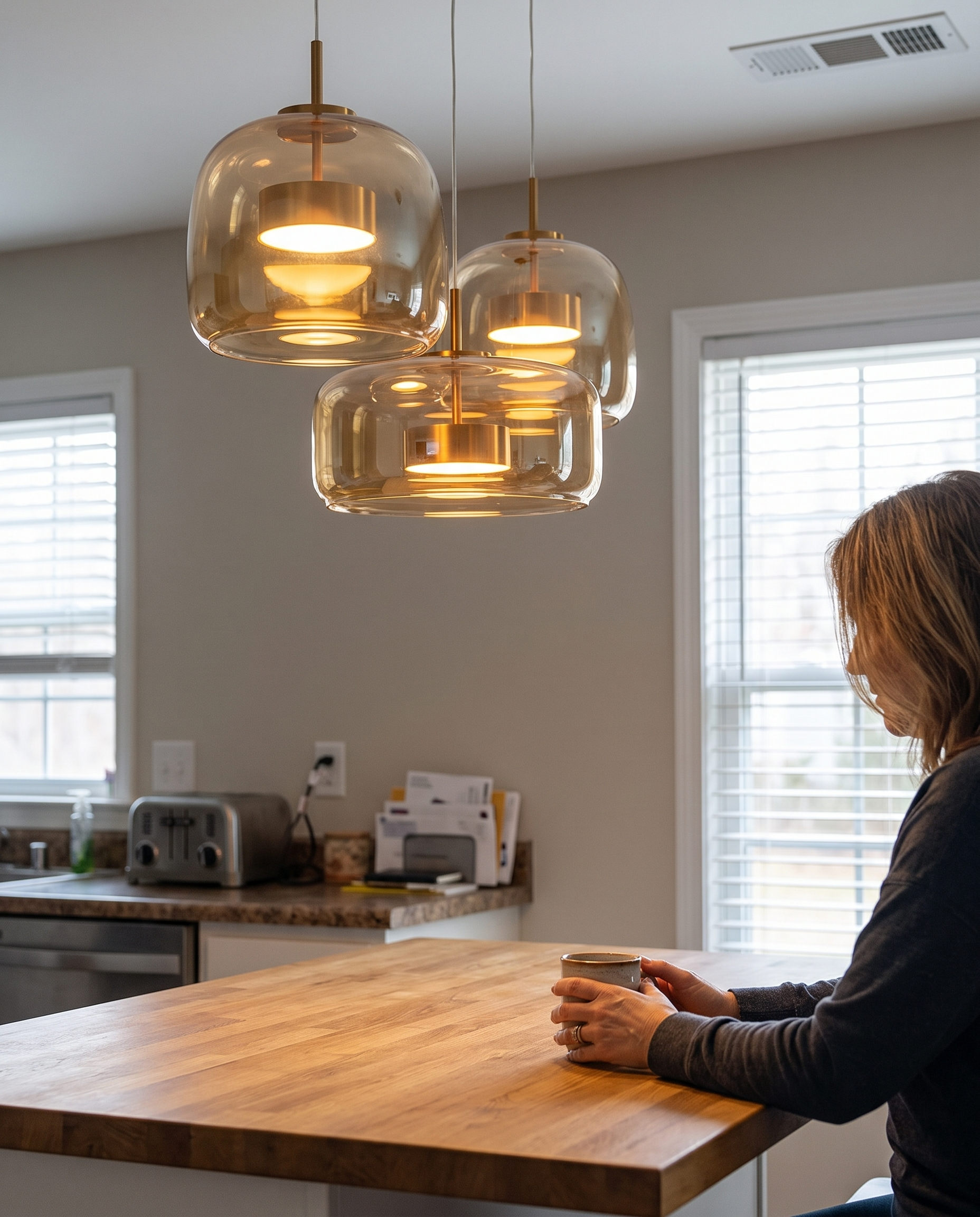 Smoked Glass Drop Light 13 Inch Gradient Shade Adjustable Ceiling Fixture in use