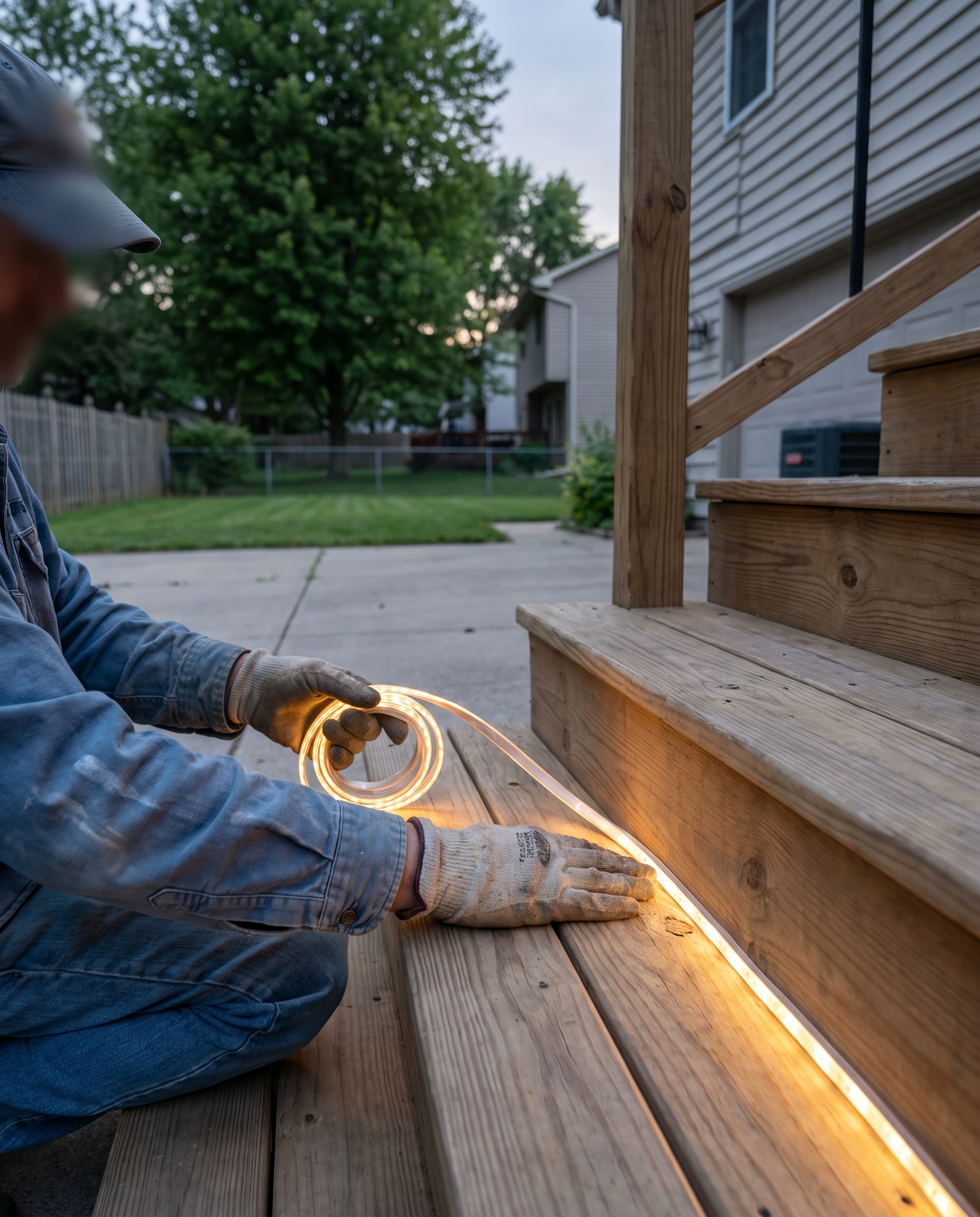 Solar-Powered Flexible Pathway Light Strip 16.4 ft Waterproof Deck Stair Accent Lighting in use