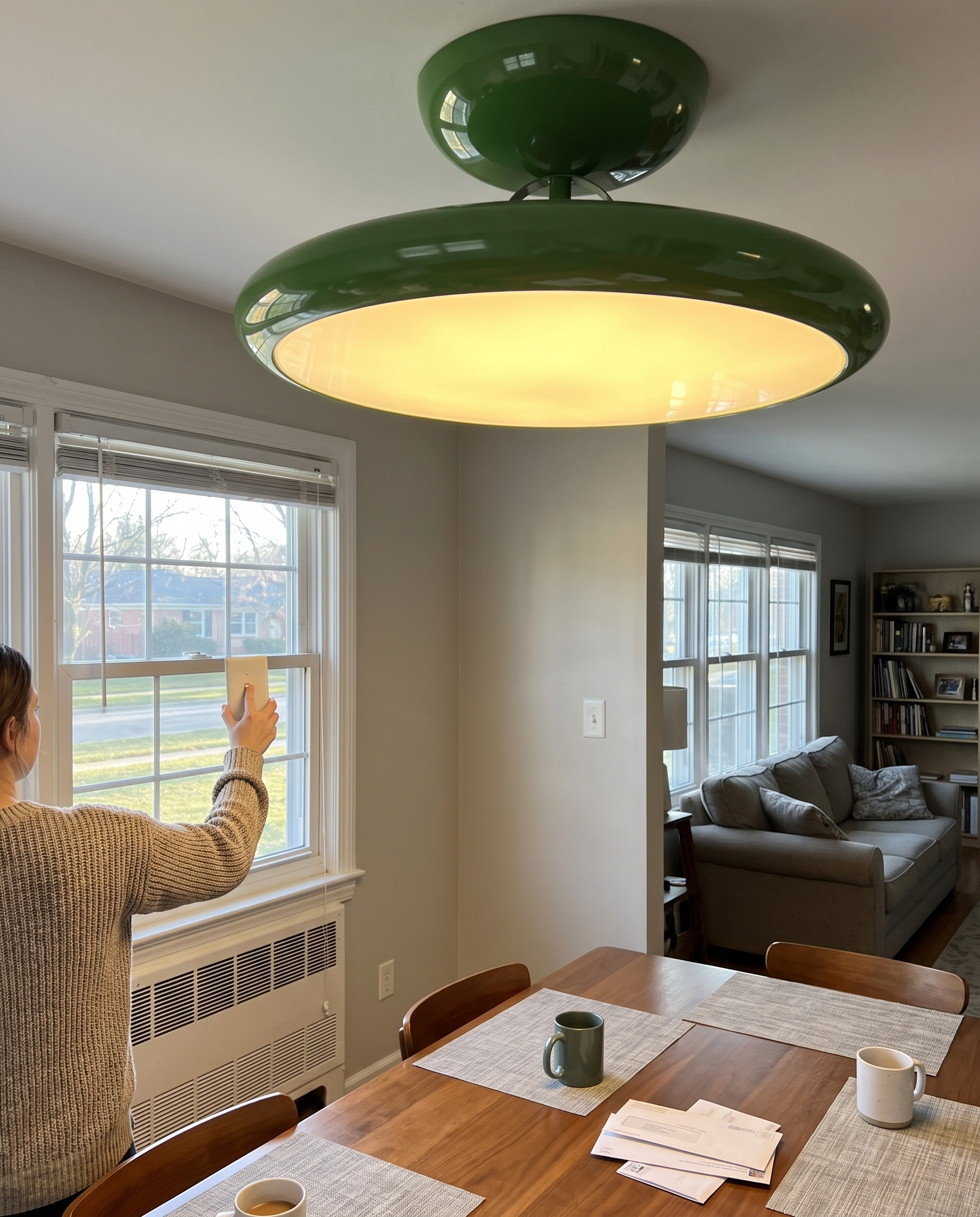 Round Flush Mount Fixture with Acrylic Shade 20 in Mid-Century Modern Green in use