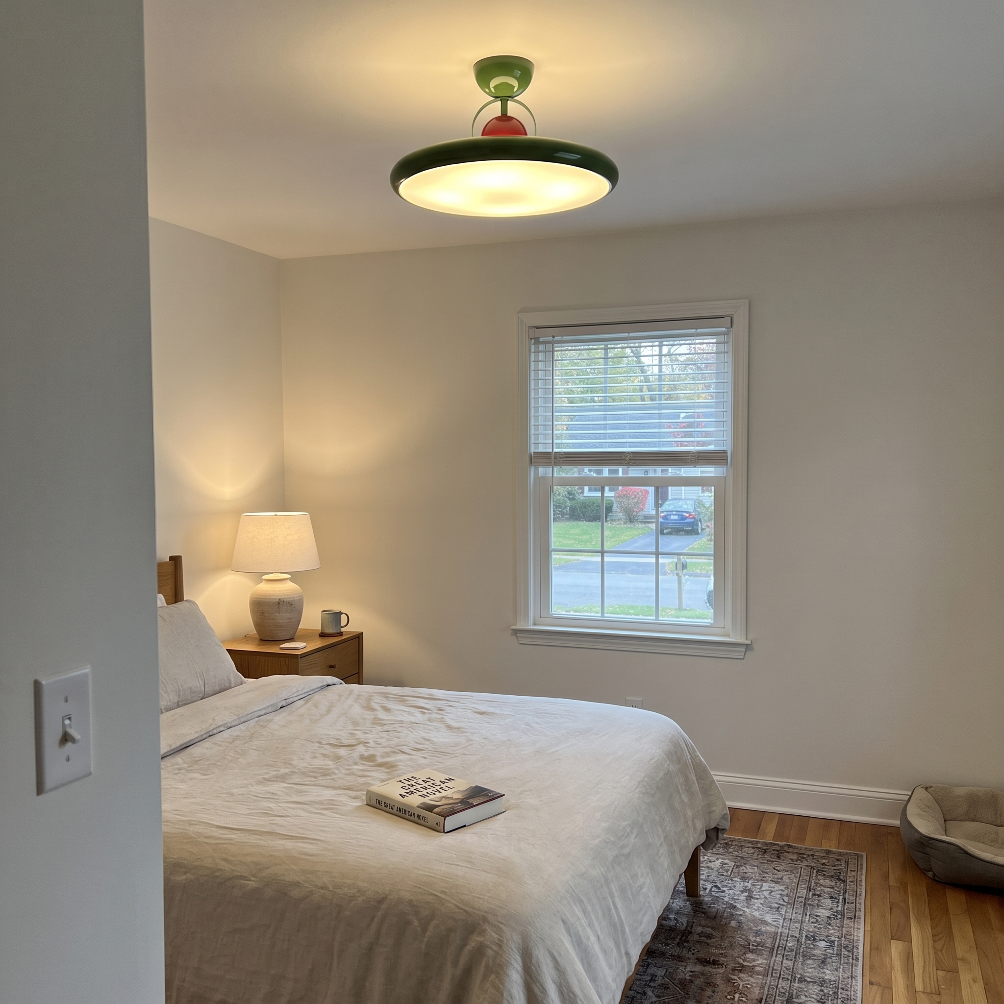 Round Flush Mount Fixture with Acrylic Shade 20 in Mid-Century Modern Green lifestyle