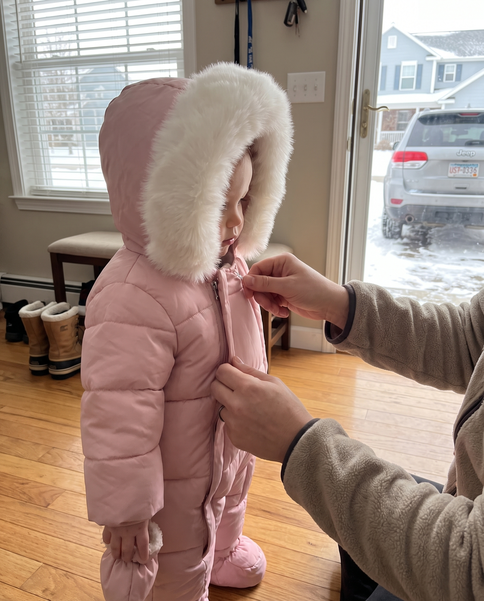 Hooded Infant Snowsuit with Quilted Insulation and Faux Fur Trim in use