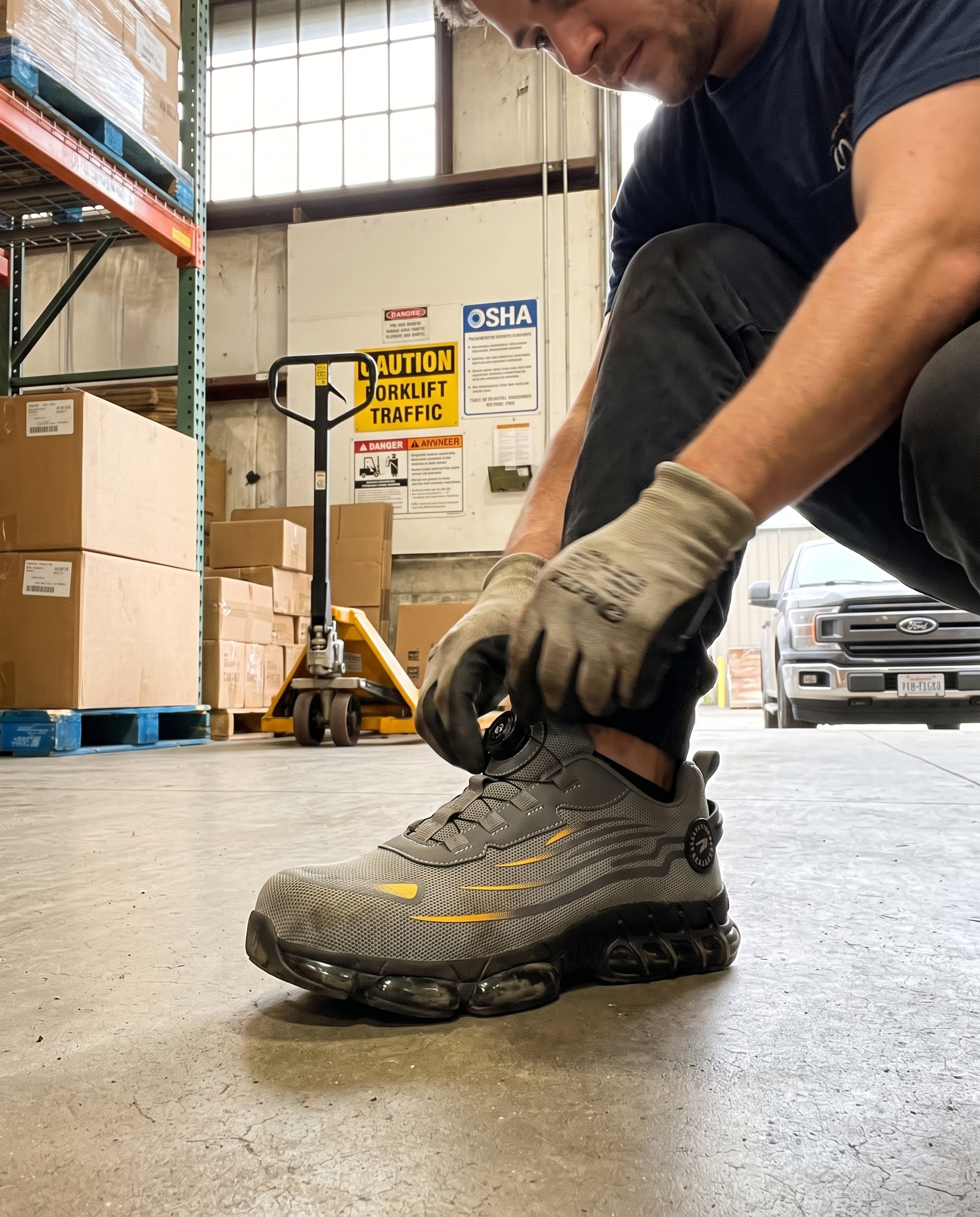 Men's Steel Toe Work Shoes with Arch Support and Slip-Resistant Outsole in use