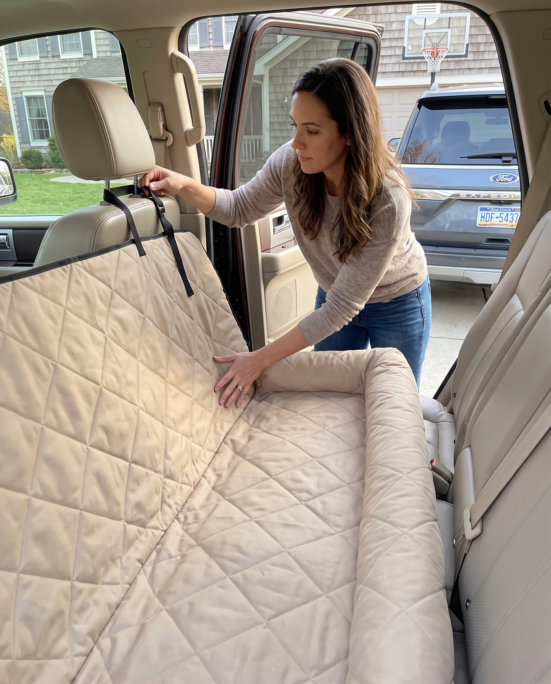 Padded Pet Car Seat Cover Protector with Bolsters for Back Seat in use