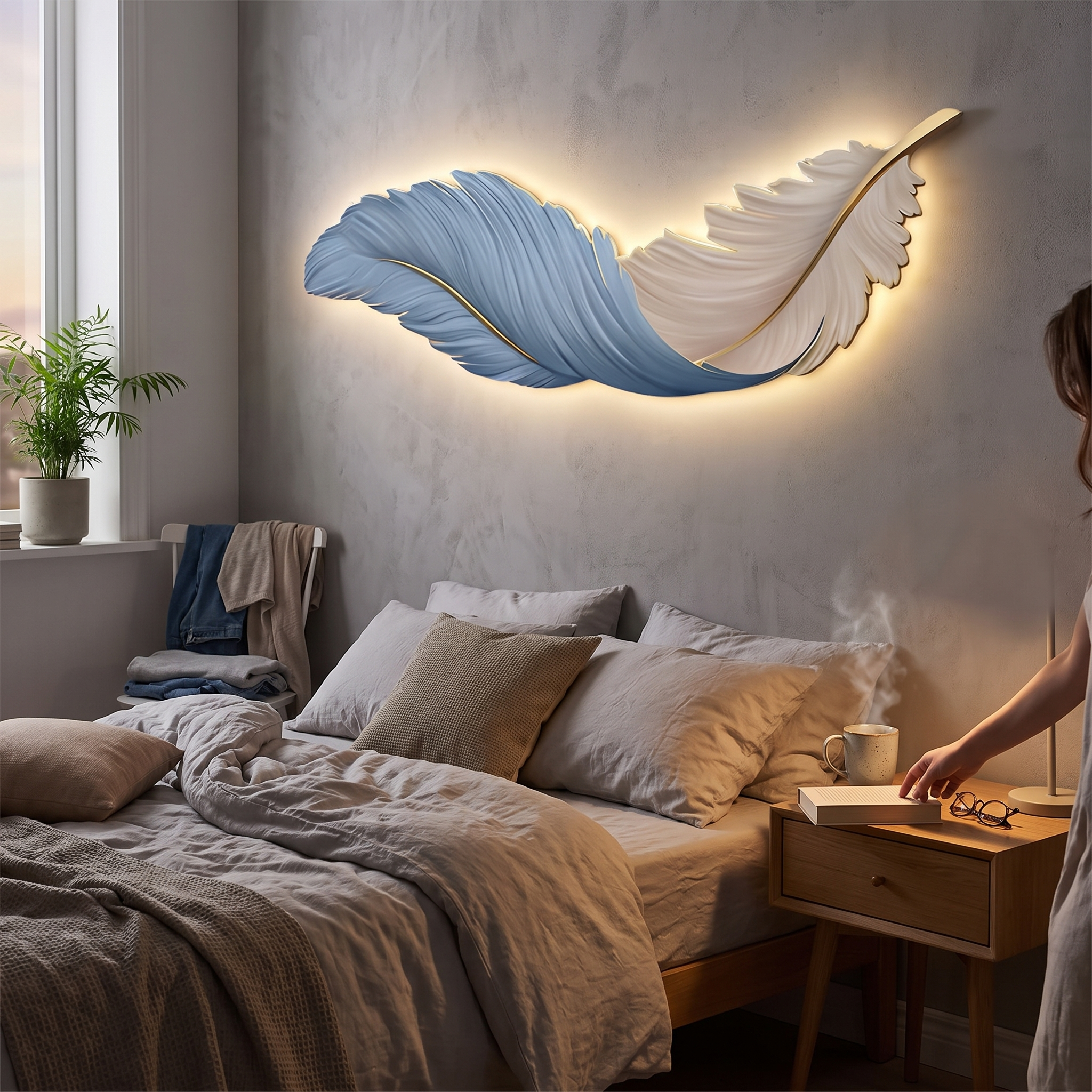 Artystyczna ścienna lampa LED z piórami, ukrytym paskiem świetlnym i pilotem — aranżacja