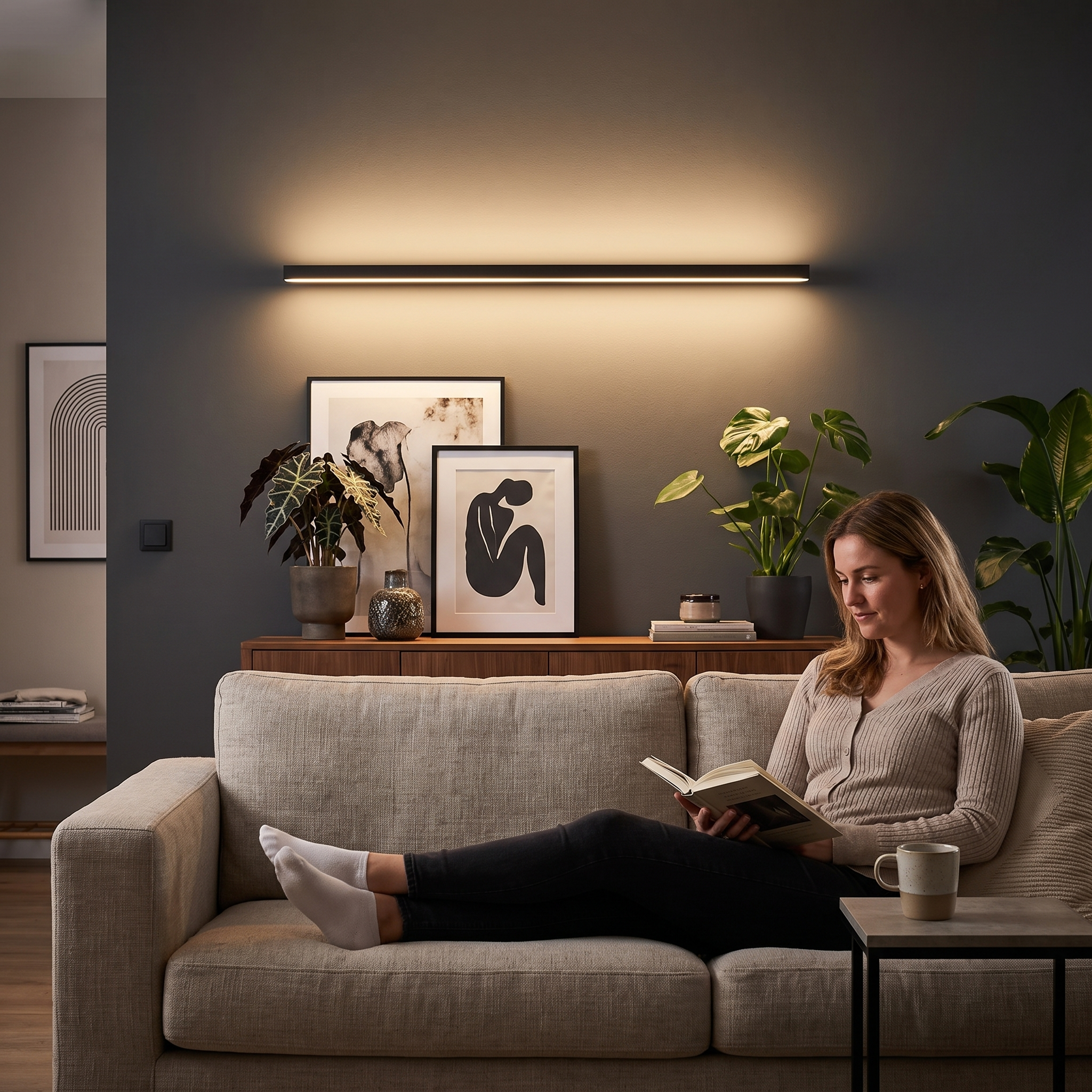 Slim Modern Aluminium LED Ceiling Light Black White 60-120cm lifestyle