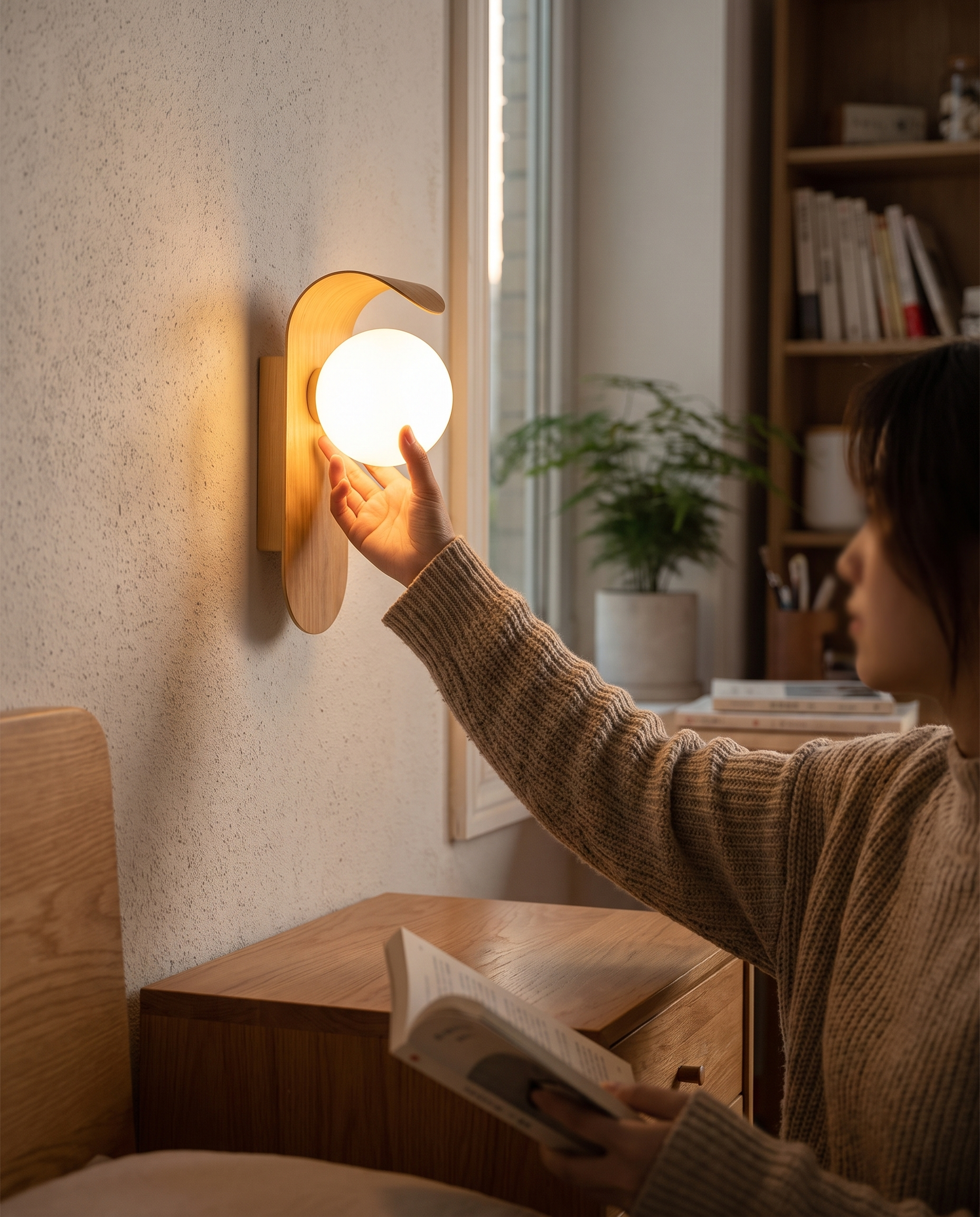 Skandinavisk væglampe i træ med glaskugle | LED-vægbelysning til soveværelse og stue